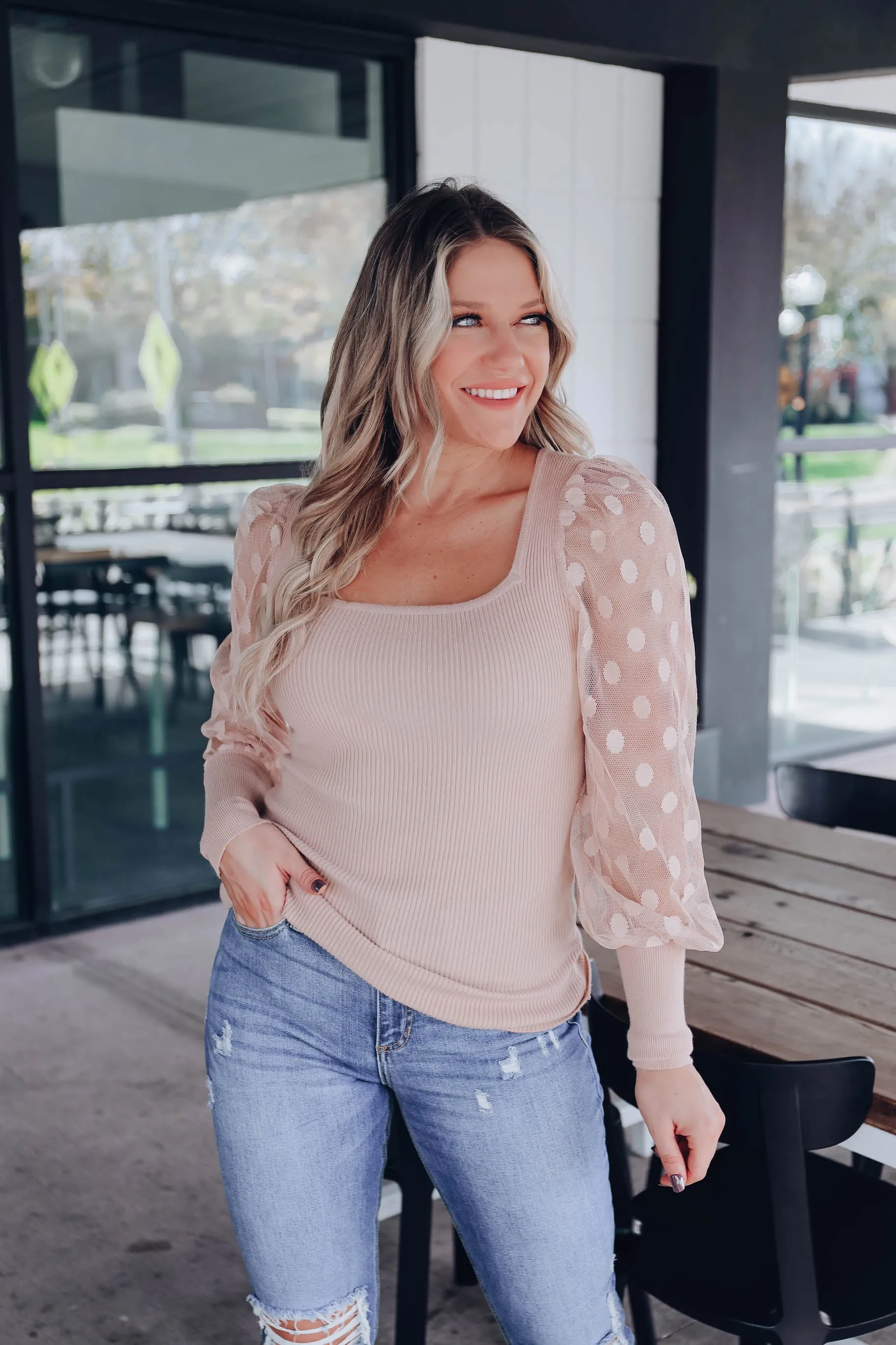 Panacea Mesh Polka Dot Sleeve Sweater