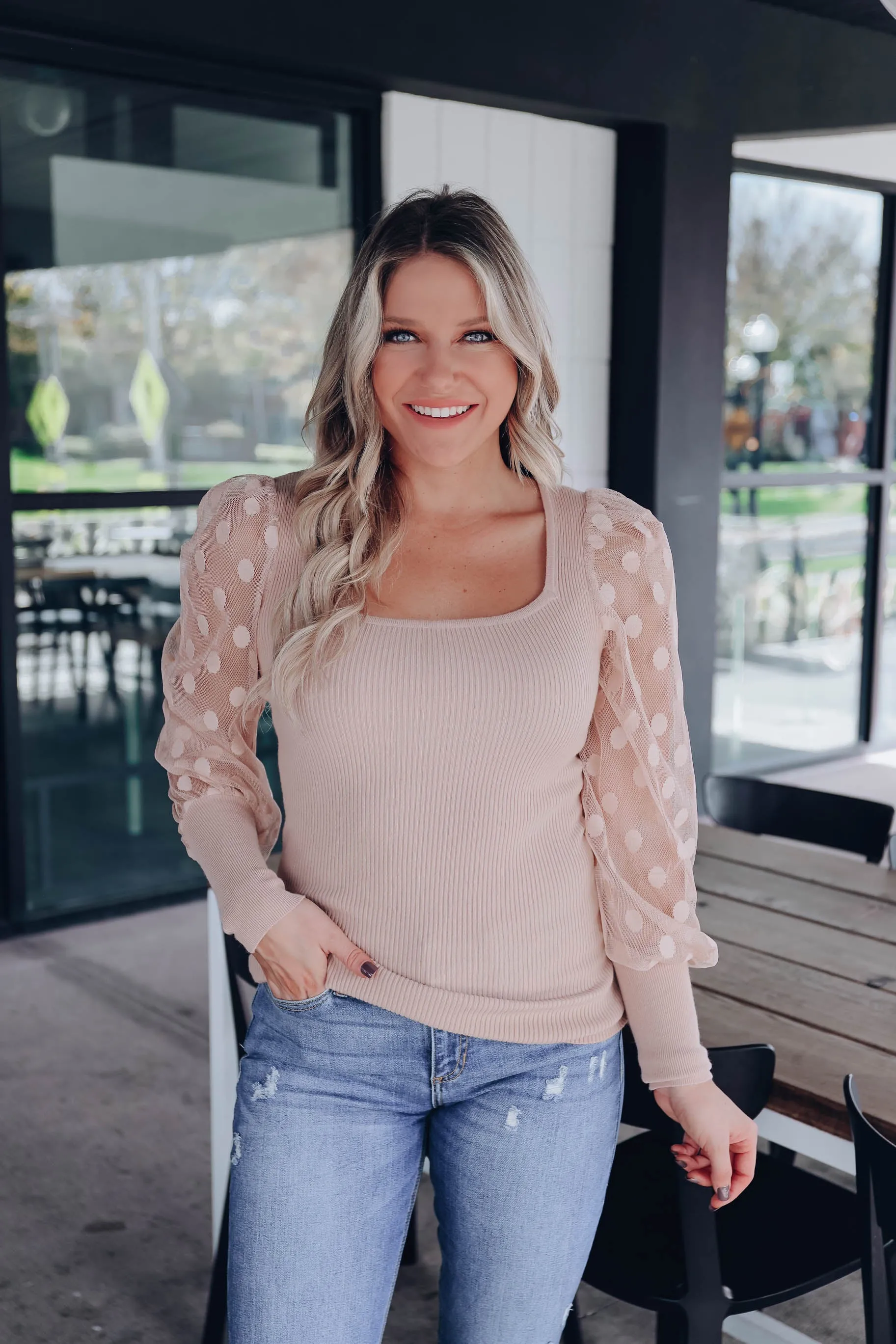Panacea Mesh Polka Dot Sleeve Sweater