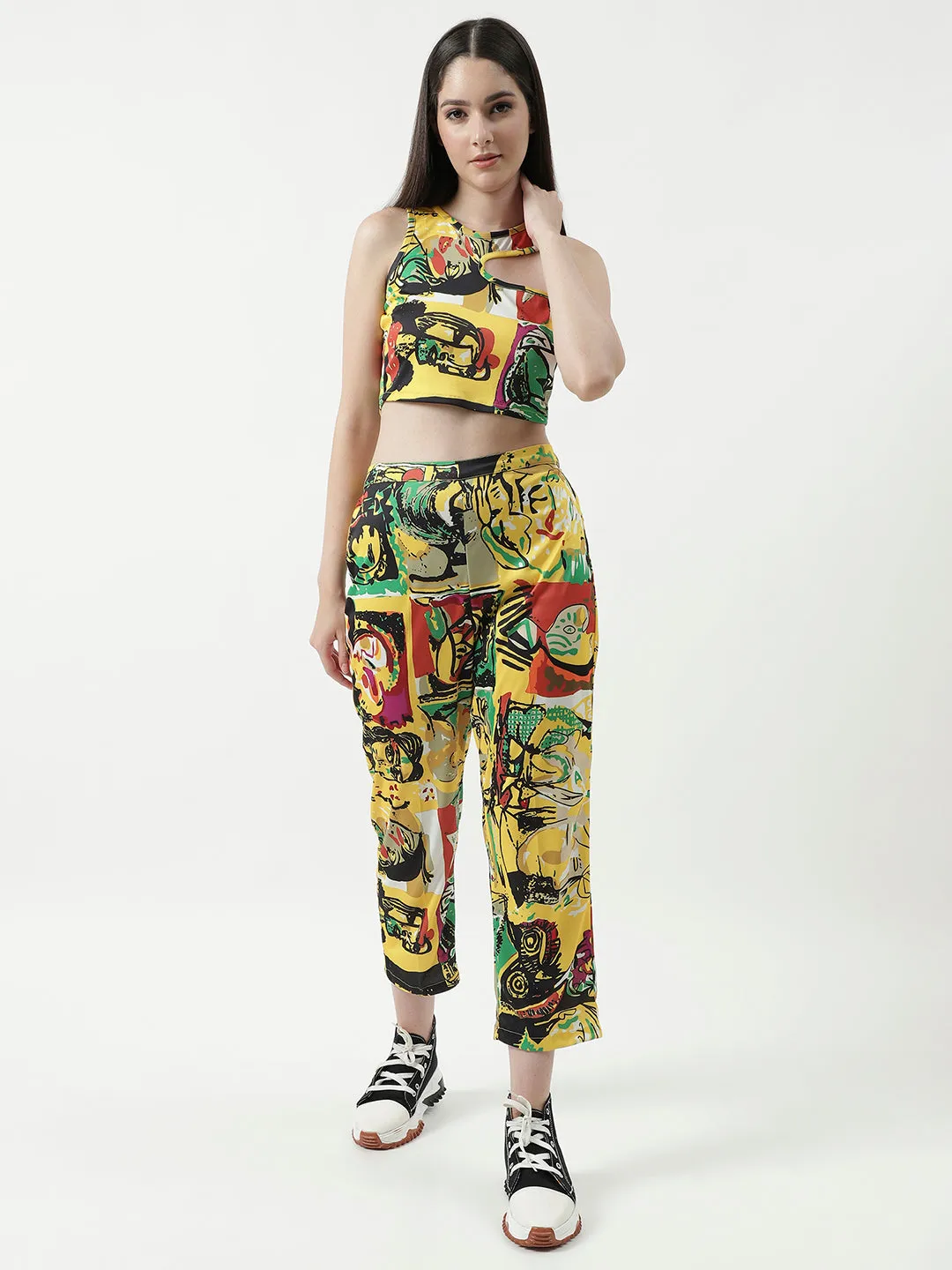 Picasso Inspired Digital Printed Stylish Crop Top With Pant Set (Set Of 2)