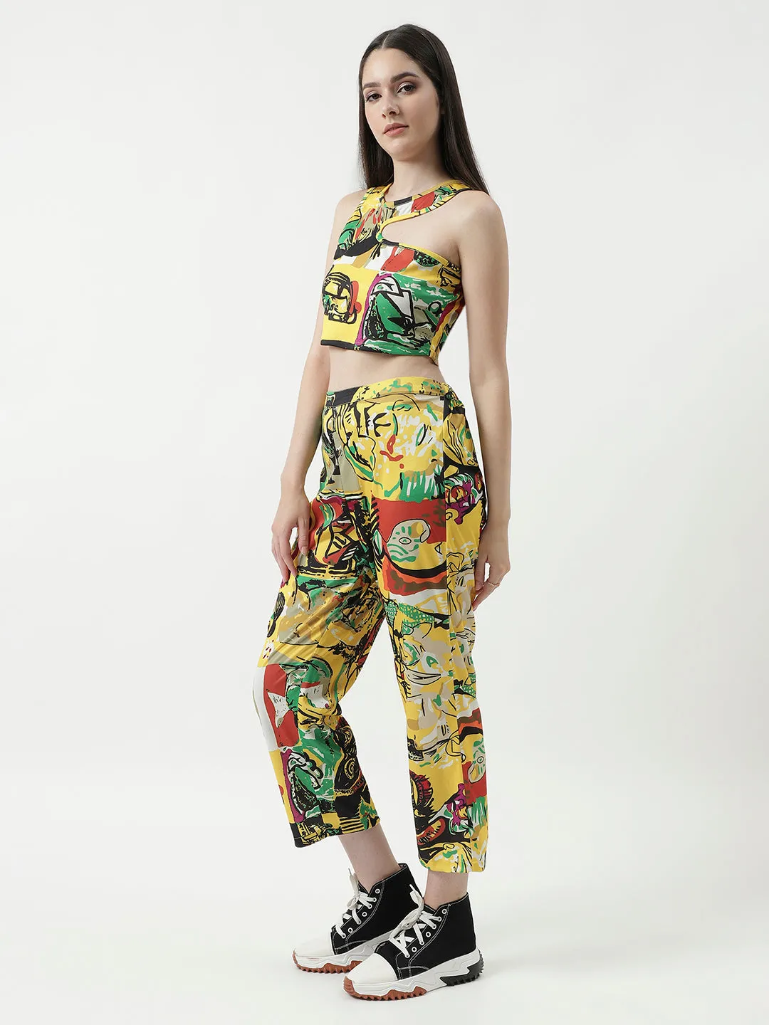 Picasso Inspired Digital Printed Stylish Crop Top With Pant Set (Set Of 2)