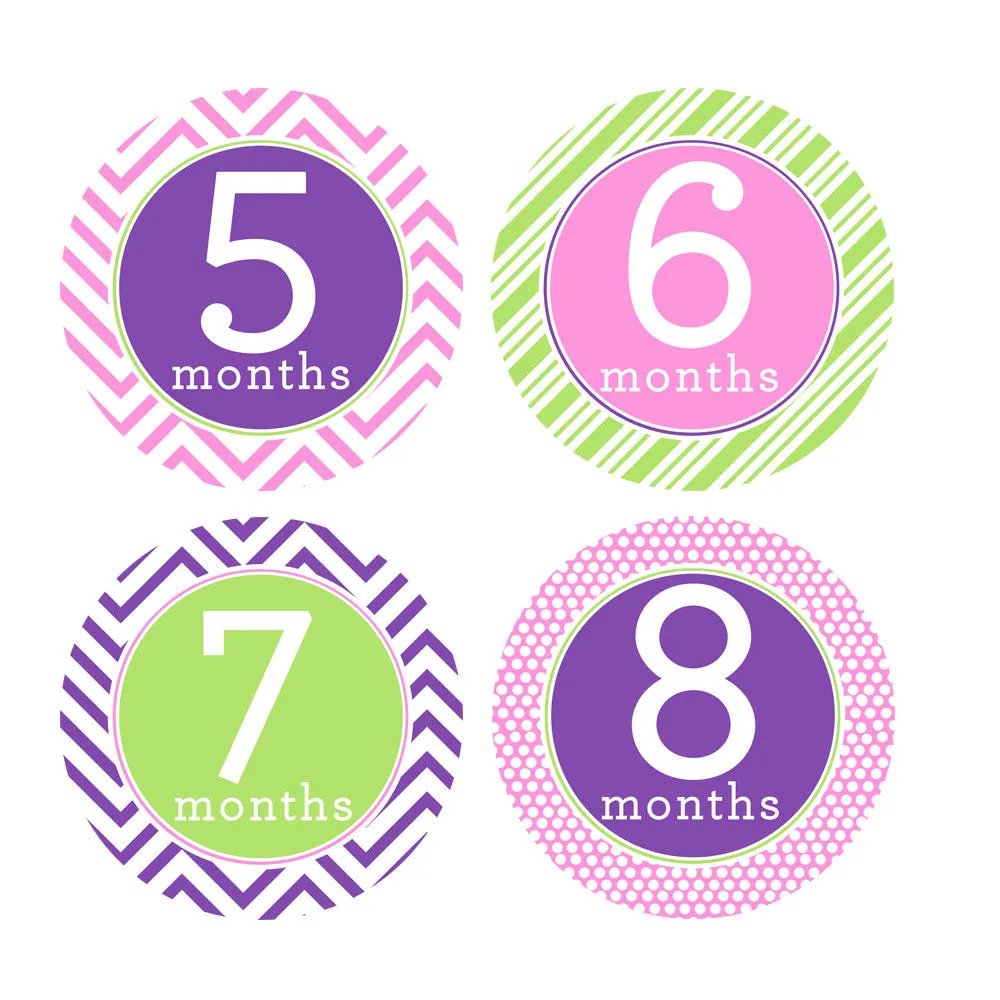 Pink, Purple, Lime Green Trendy Tot Baby Month Stickers