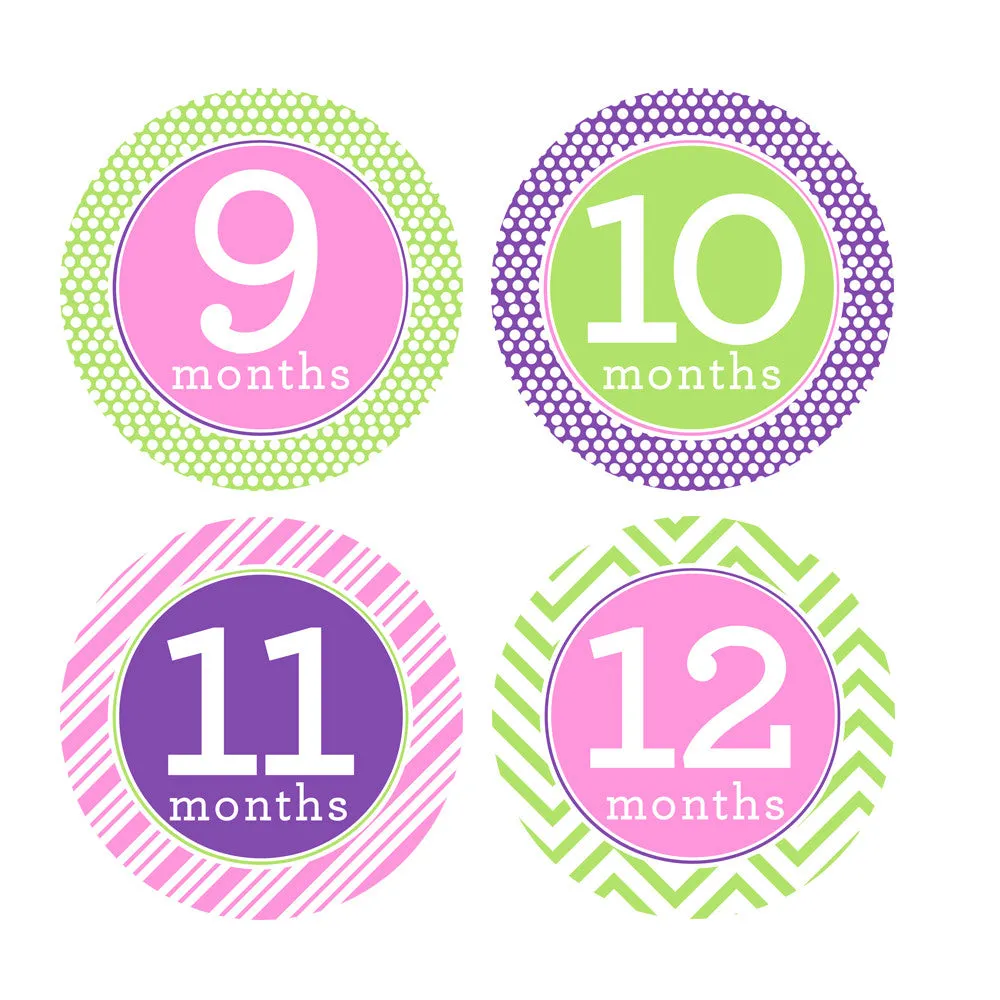 Pink, Purple, Lime Green Trendy Tot Baby Month Stickers