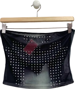 Pretty Little Thing Black Printed Mesh Diamante Hot Fix Bandeau Crop Top UK 10