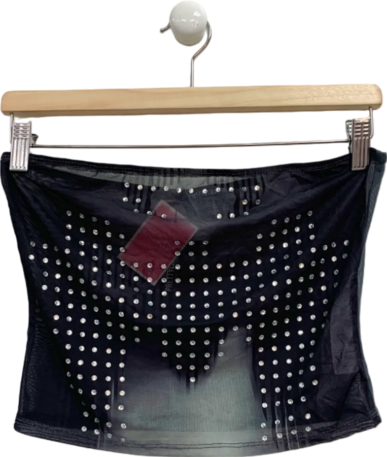 Pretty Little Thing Black Printed Mesh Diamante Hot Fix Bandeau Crop Top UK 10