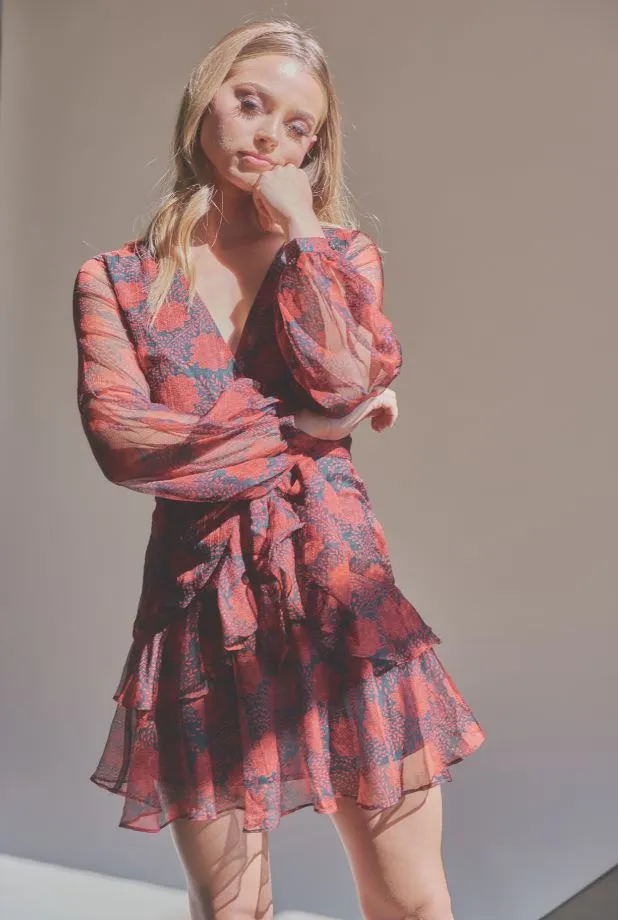Printed Long Sleeved Ruffled Mini Dress
