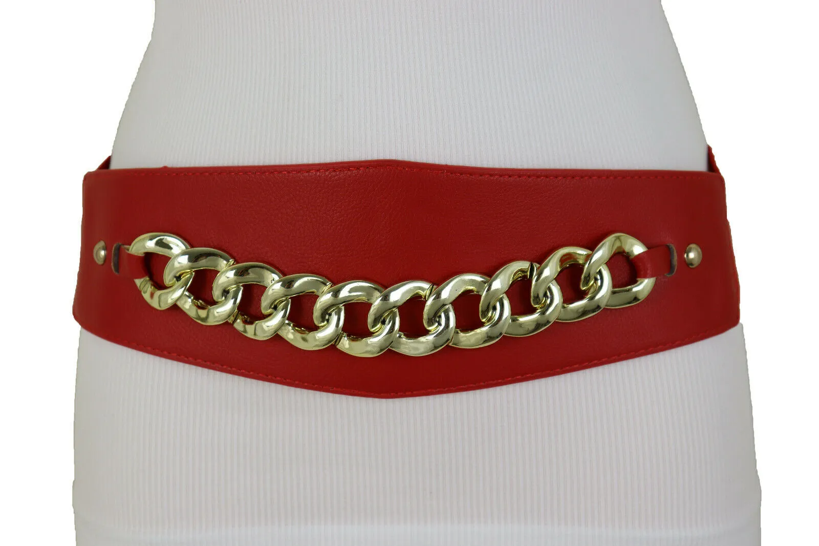 Red High Waist Hip Corset Elastic Belt Gold Chain Link Belt S M