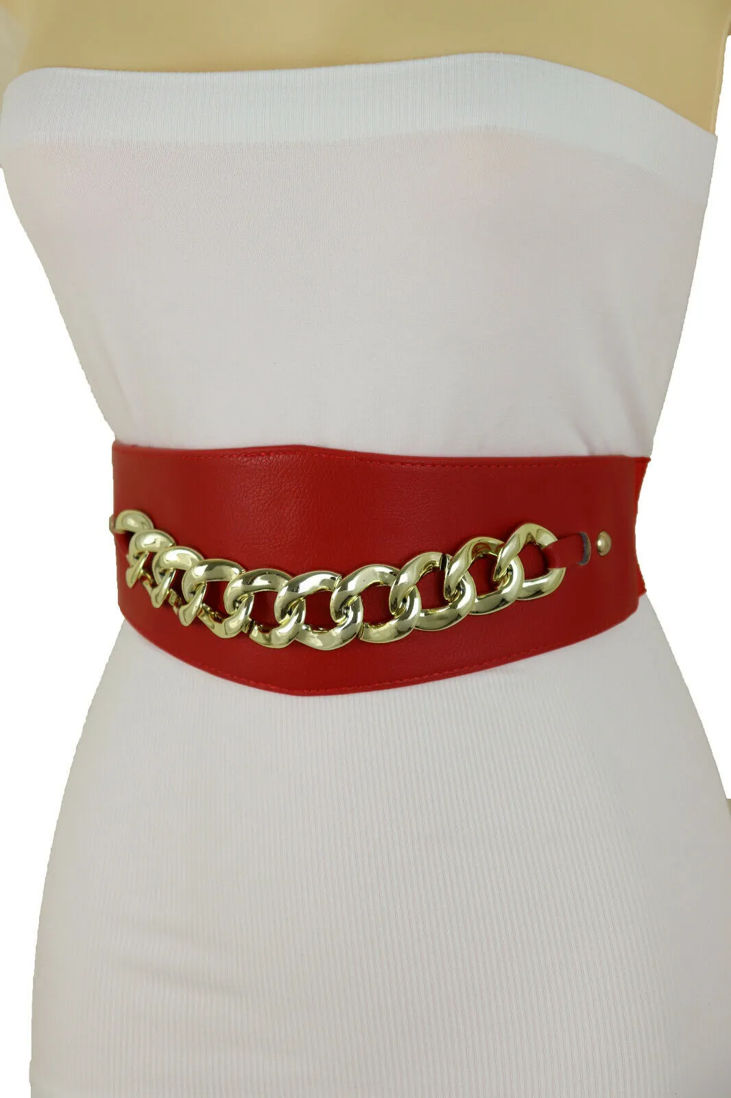 Red High Waist Hip Corset Elastic Belt Gold Chain Link Belt S M