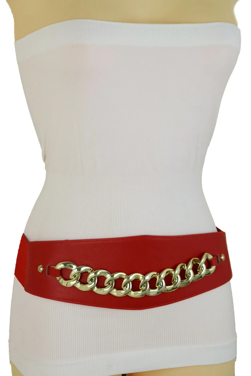 Red High Waist Hip Corset Elastic Belt Gold Chain Link Belt S M