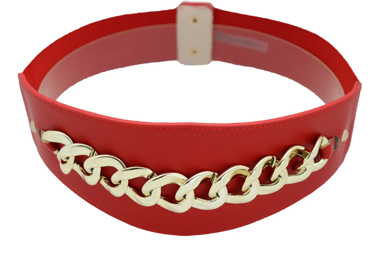 Red High Waist Hip Corset Elastic Belt Gold Chain Link Belt S M