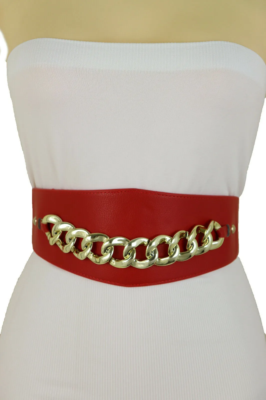 Red High Waist Hip Corset Elastic Belt Gold Chain Link Belt S M