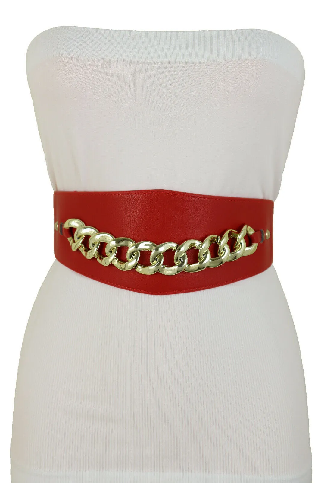 Red High Waist Hip Corset Elastic Belt Gold Chain Link Belt S M