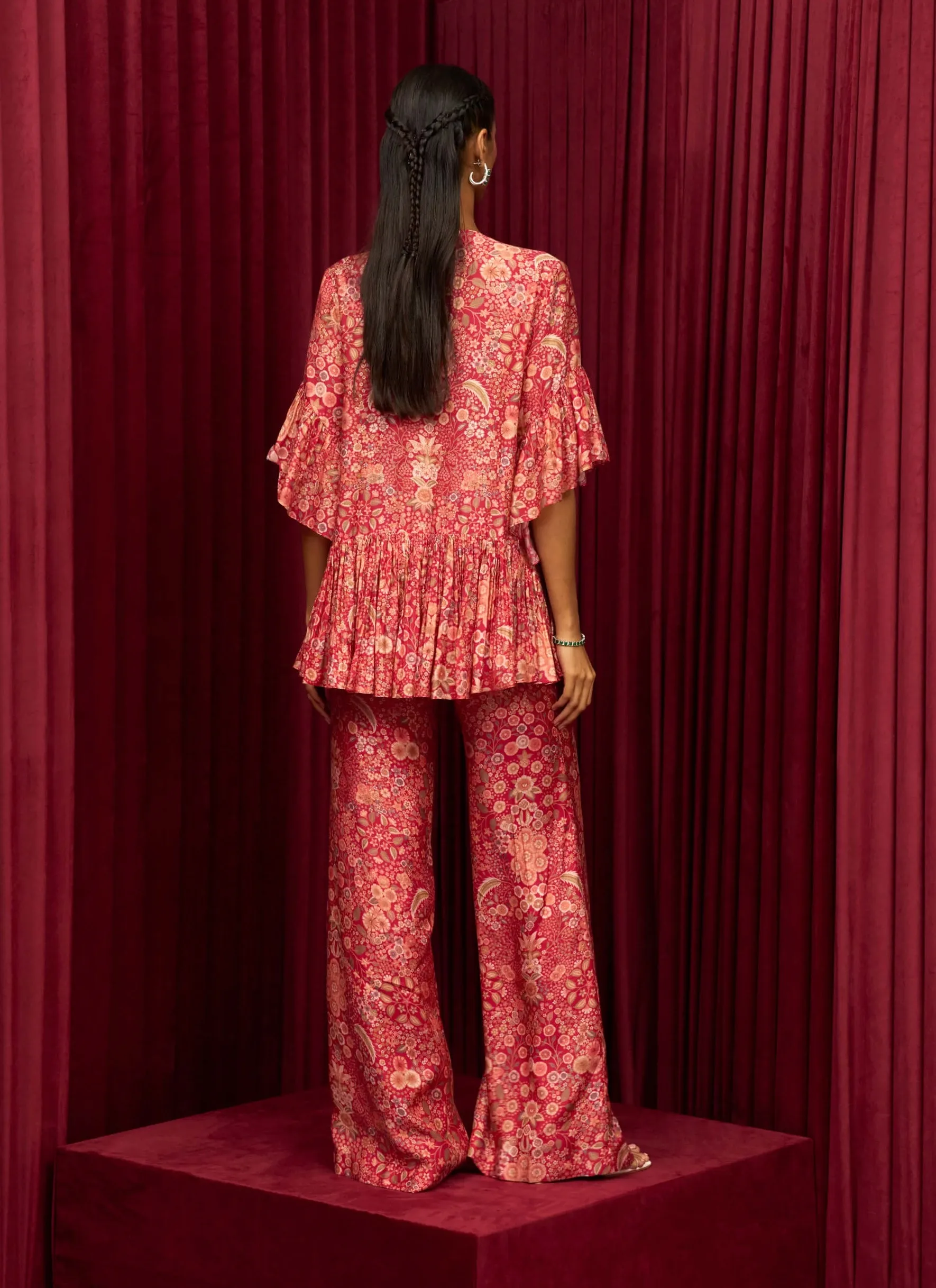 Red printed melody frill top and pants