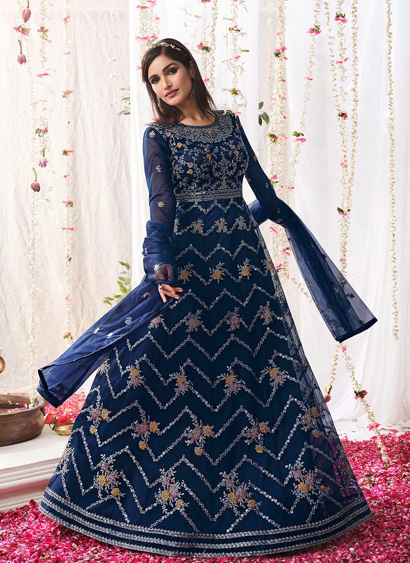 Royal Blue Multi Embroidered Festive Anarkali Suit