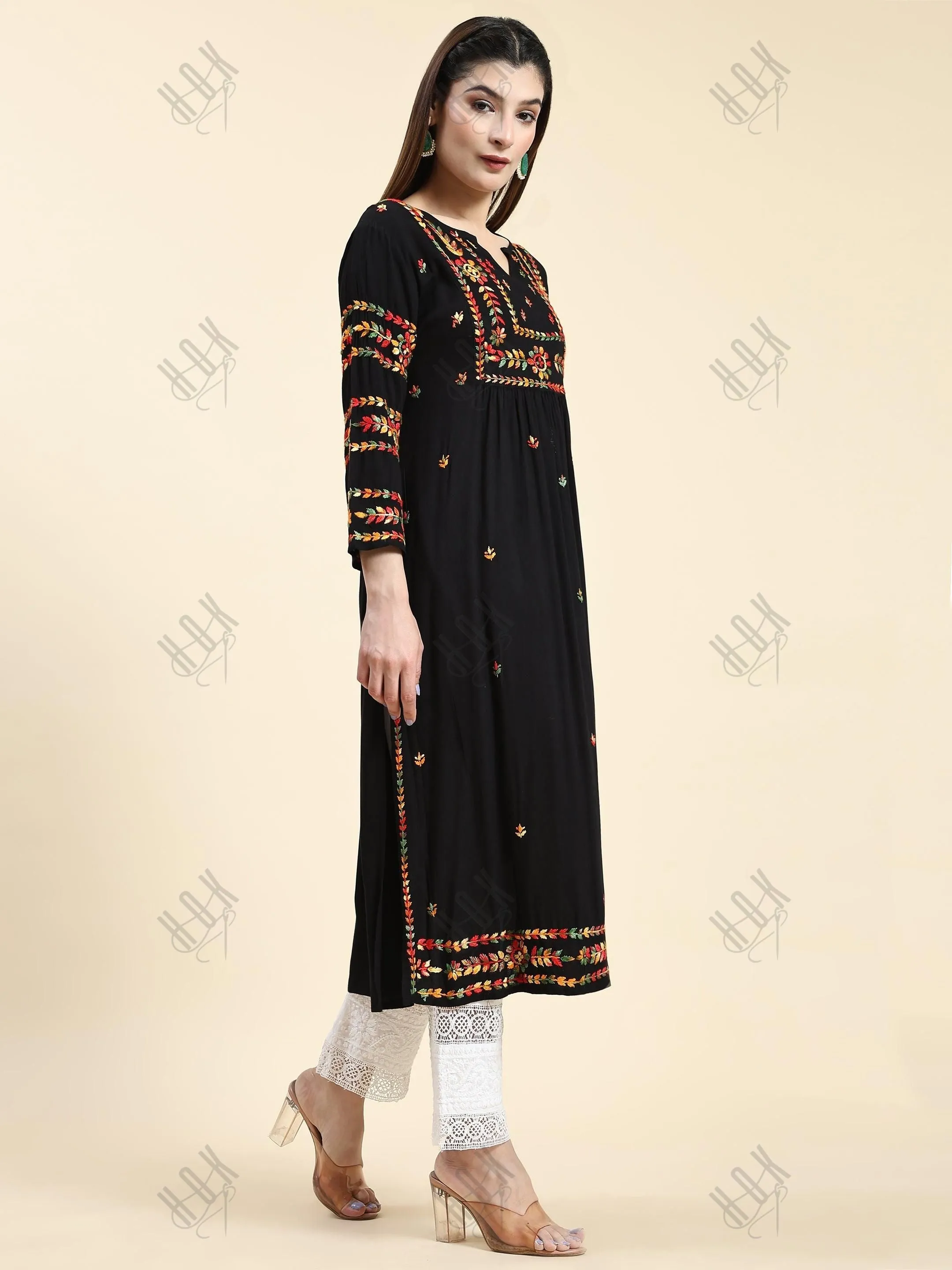 Samma Chikankari Long Kurta in Rayon Cotton for Women-Black With Multi Work