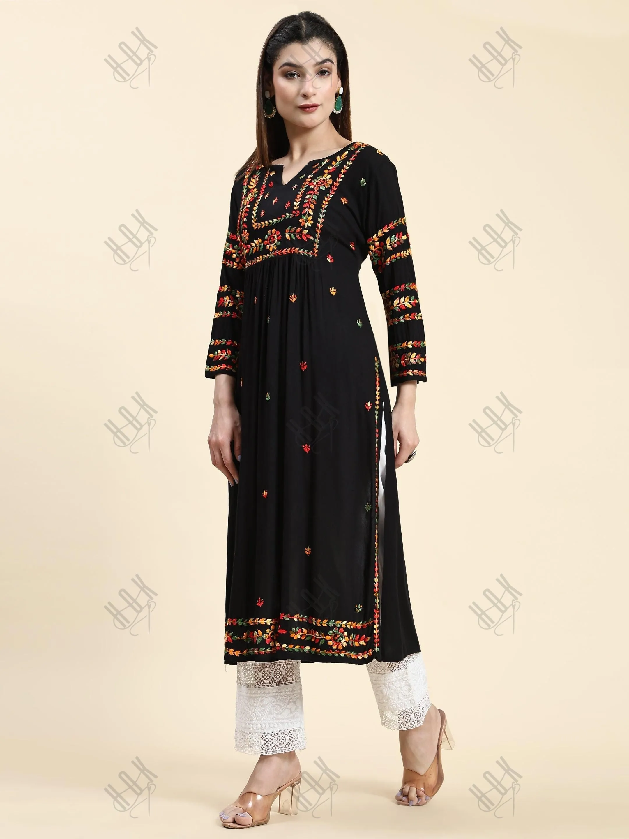 Samma Chikankari Long Kurta in Rayon Cotton for Women-Black With Multi Work