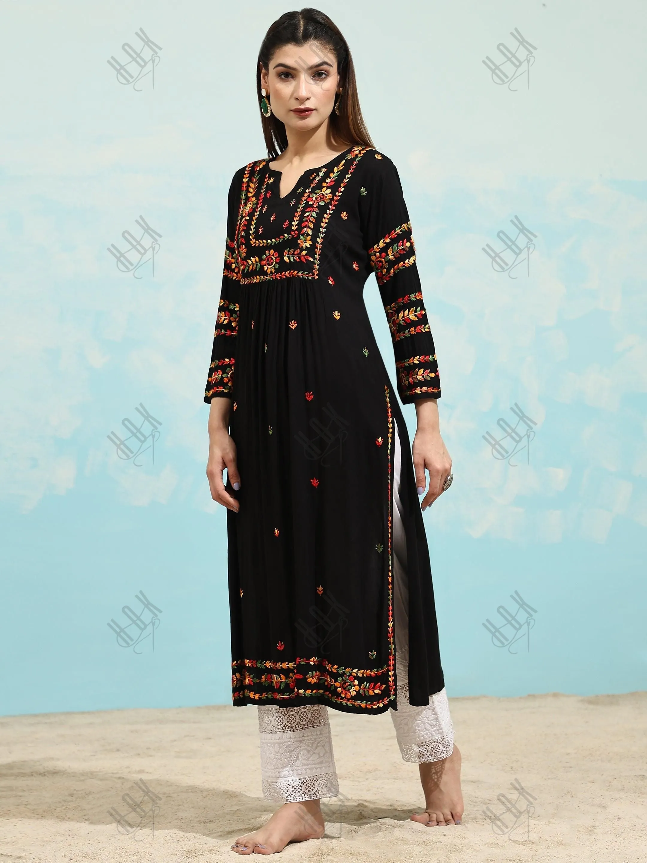 Samma Chikankari Long Kurta in Rayon Cotton for Women-Black With Multi Work