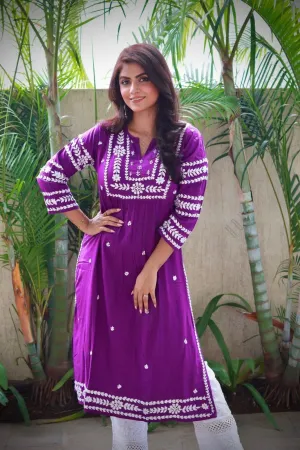 Sayantani in Noor Chikankari Long Kurta in Rayon Cotton for Women- Purple