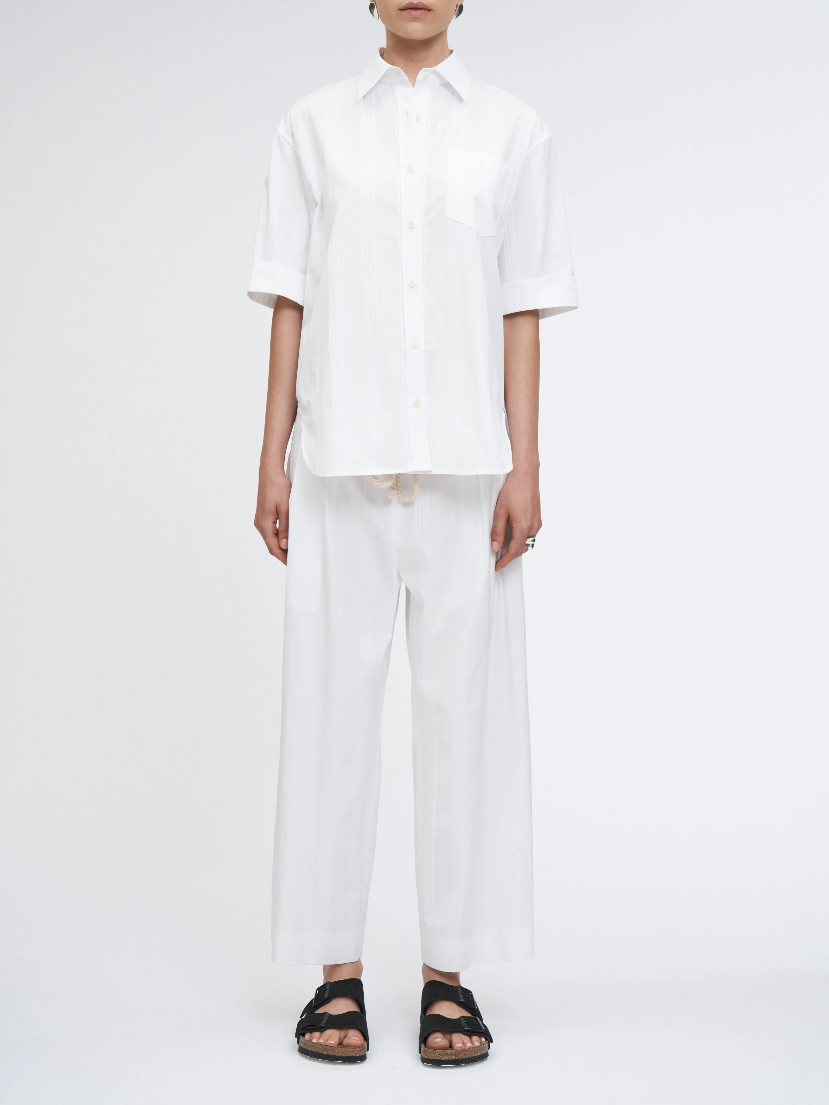 Short Sleeve Oversized Shirt in White/White Stripe