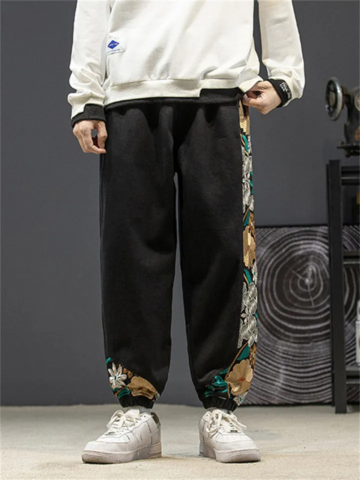 Side Floral Embroidery Elastic Waist Vintage Pants for Men