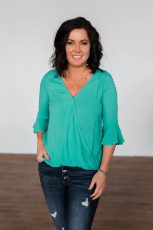 Simple Smiles V-Neck Wrap Blouse- Seafoam Green