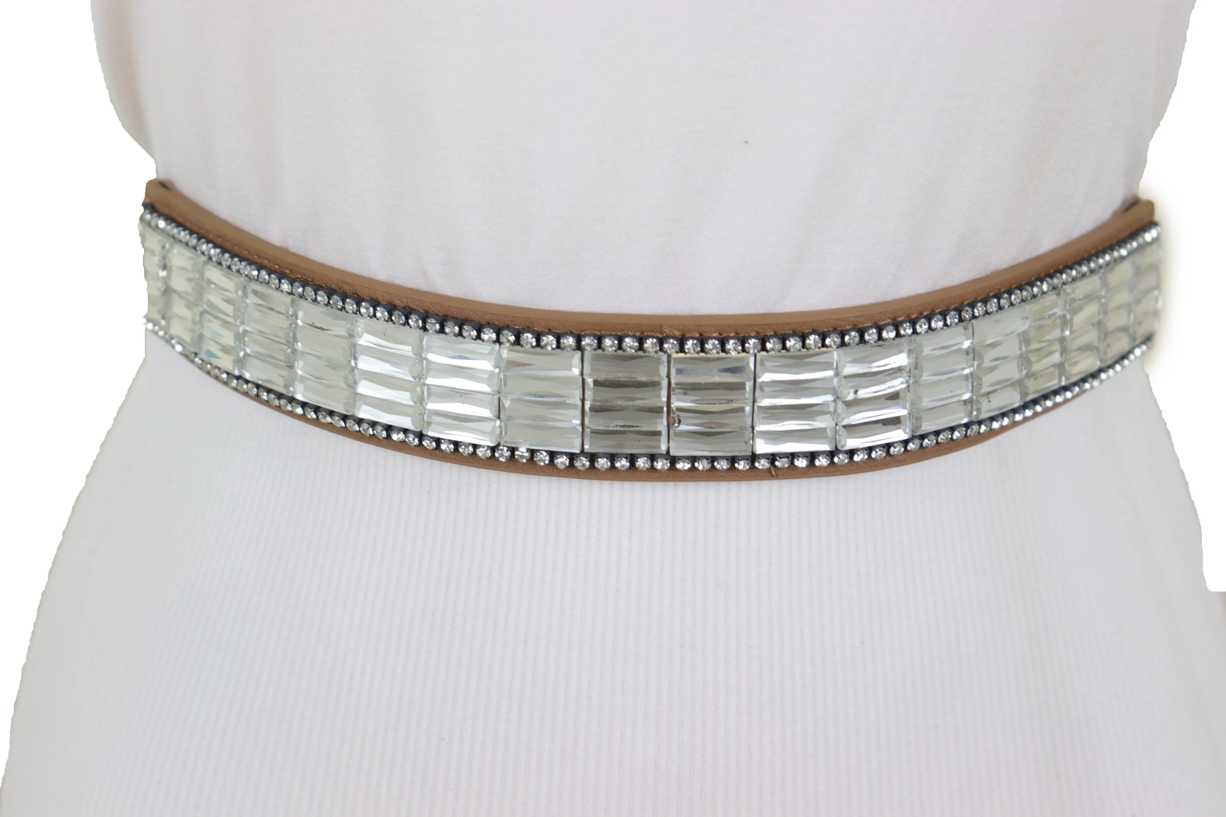 Skinny Brown Elastic Band Fashion Belt Shiny Silver Bling Beads Size S M