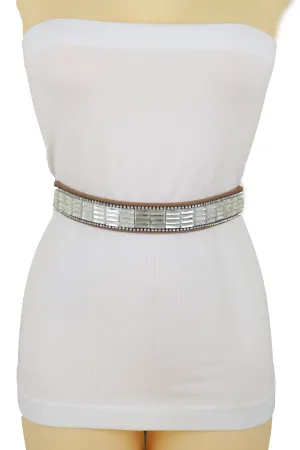 Skinny Brown Elastic Band Fashion Belt Shiny Silver Bling Beads Size S M
