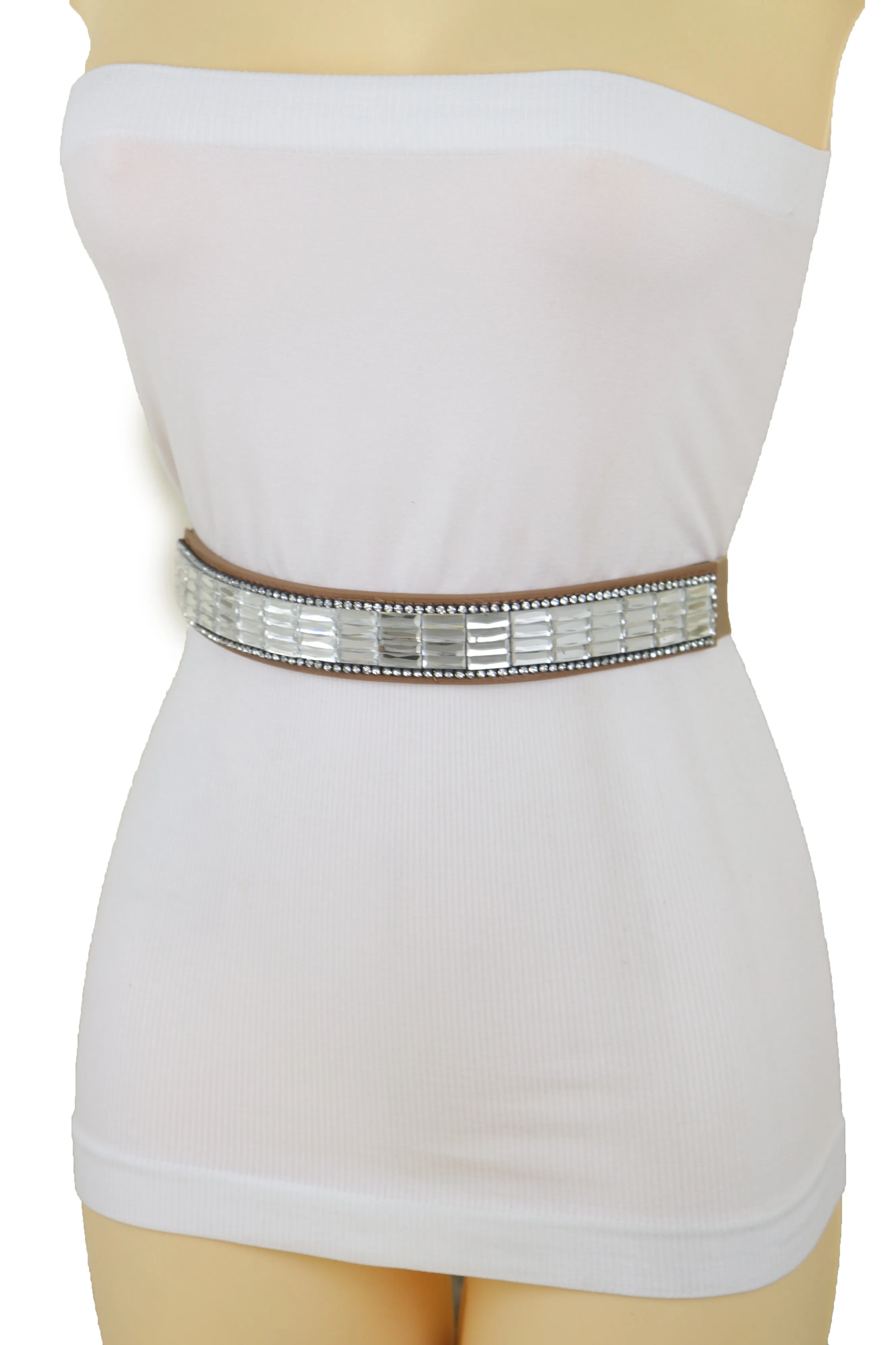 Skinny Brown Elastic Band Fashion Belt Shiny Silver Bling Beads Size S M