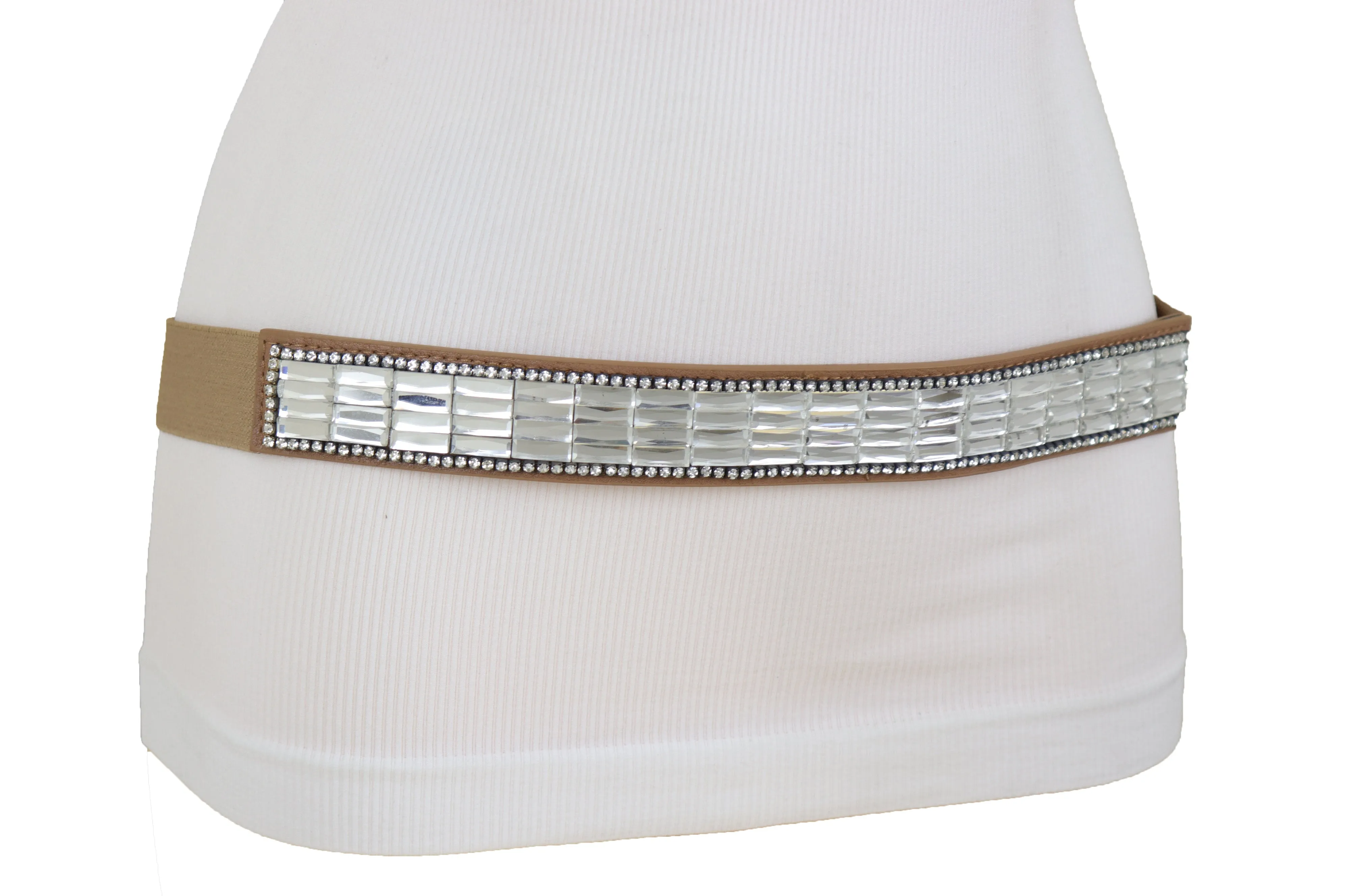 Skinny Brown Elastic Band Fashion Belt Shiny Silver Bling Beads Size S M