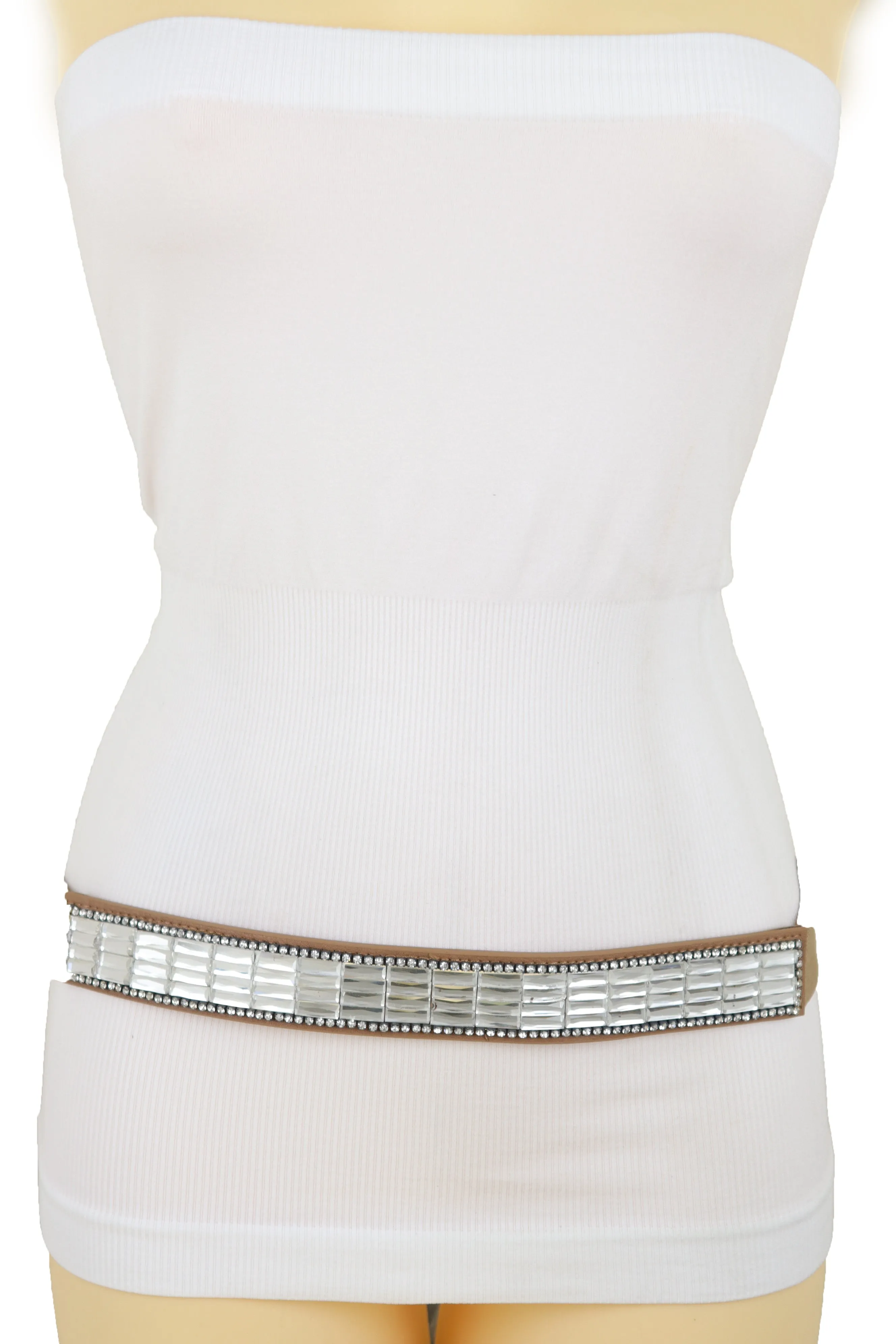 Skinny Brown Elastic Band Fashion Belt Shiny Silver Bling Beads Size S M
