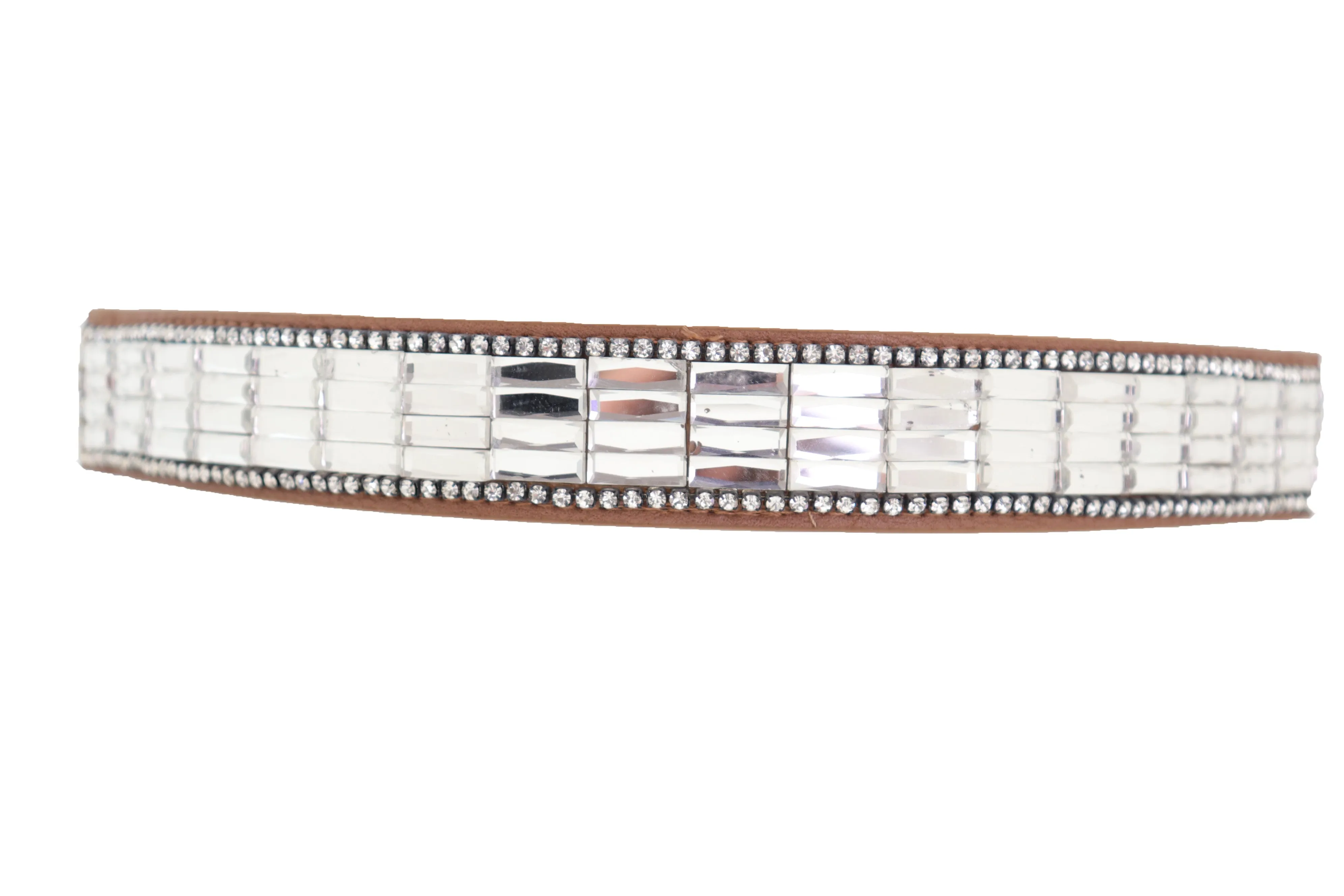 Skinny Brown Elastic Band Fashion Belt Shiny Silver Bling Beads Size S M