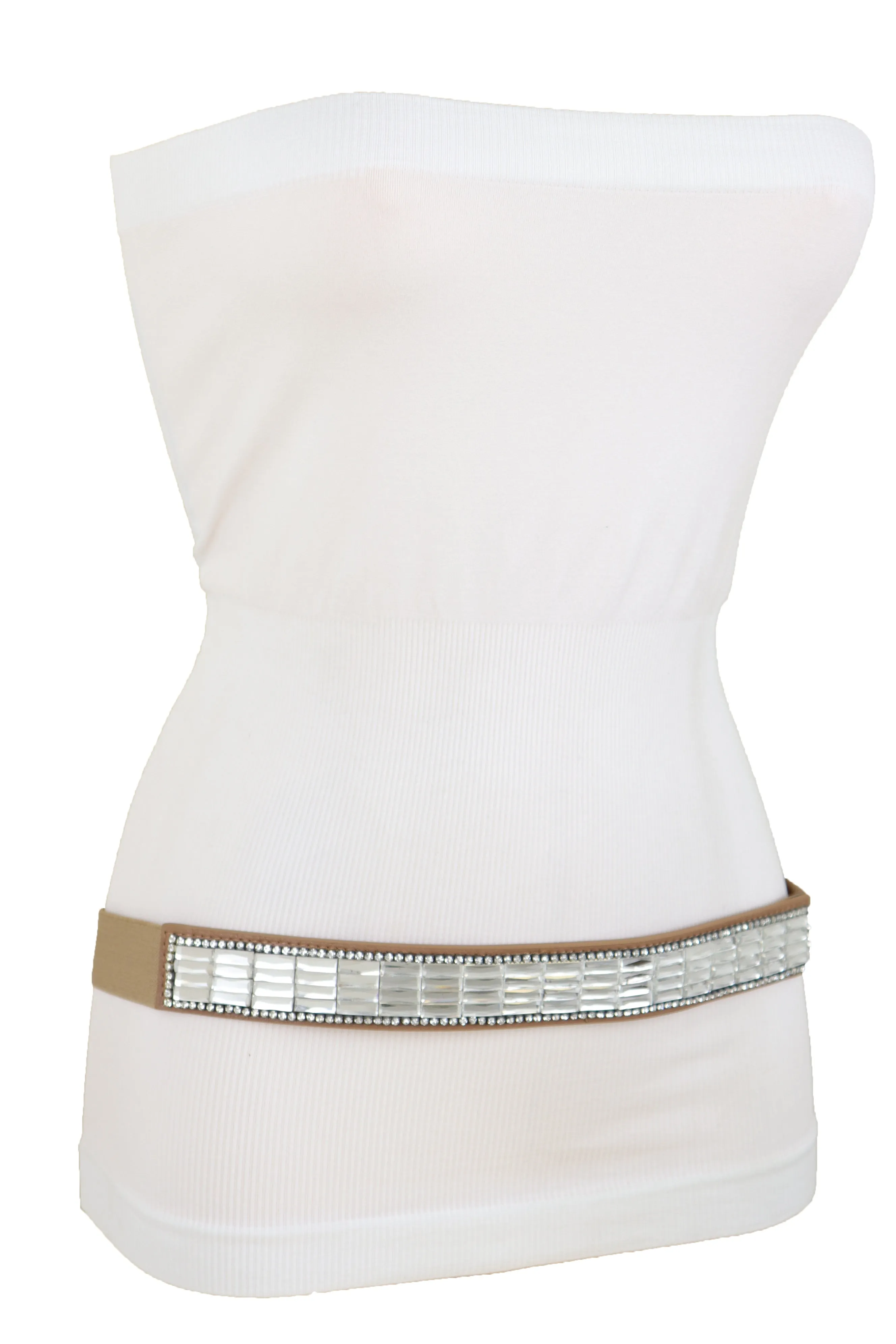 Skinny Brown Elastic Band Fashion Belt Shiny Silver Bling Beads Size S M