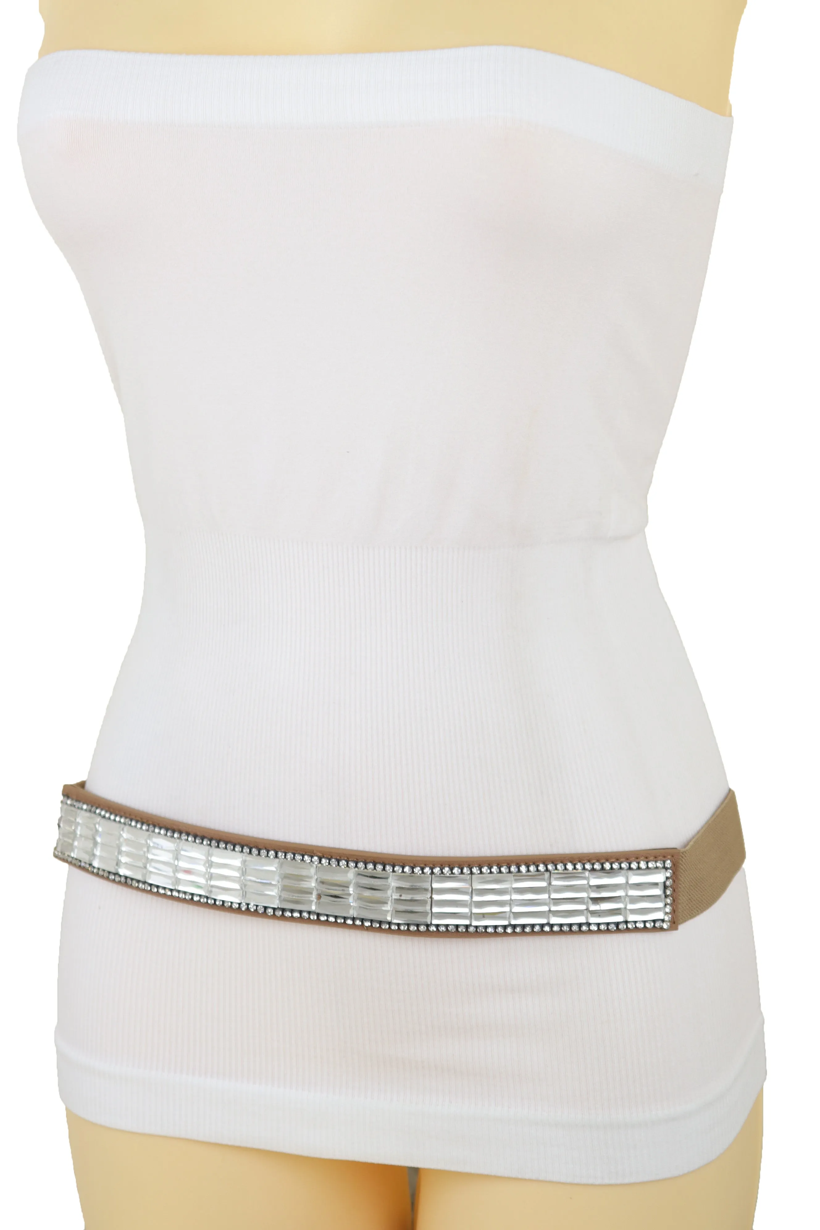 Skinny Brown Elastic Band Fashion Belt Shiny Silver Bling Beads Size S M