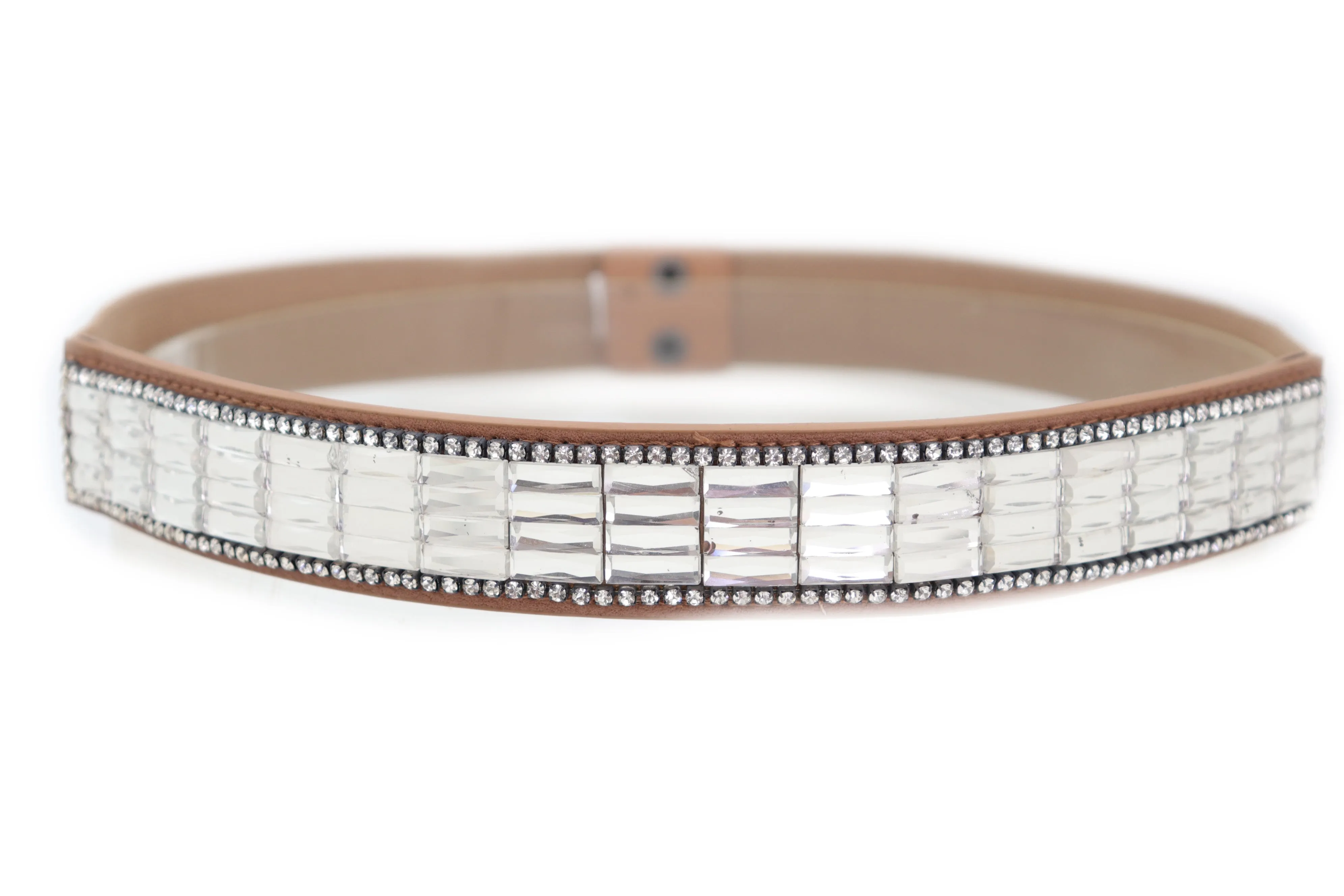 Skinny Brown Elastic Band Fashion Belt Shiny Silver Bling Beads Size S M