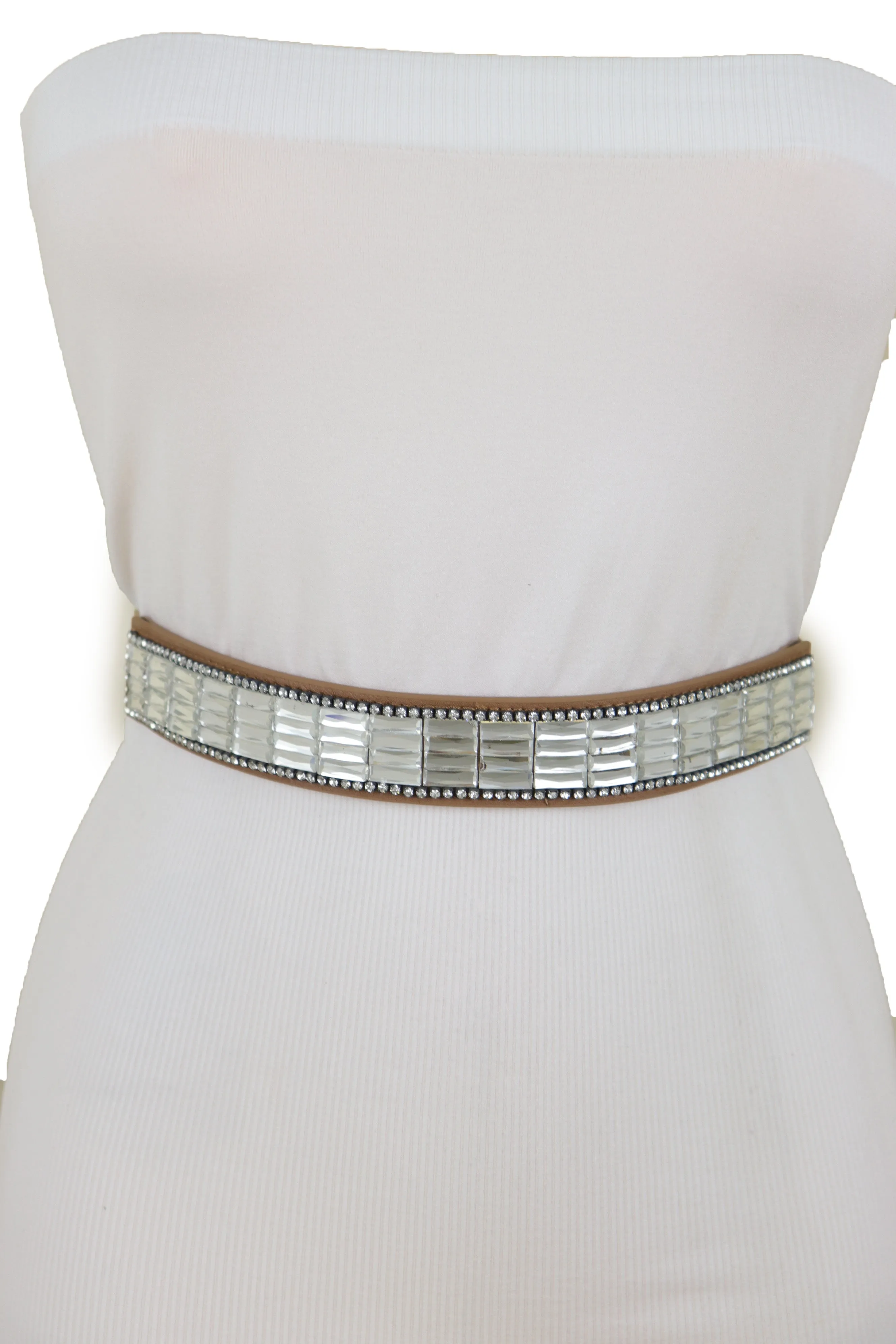 Skinny Brown Elastic Band Fashion Belt Shiny Silver Bling Beads Size S M