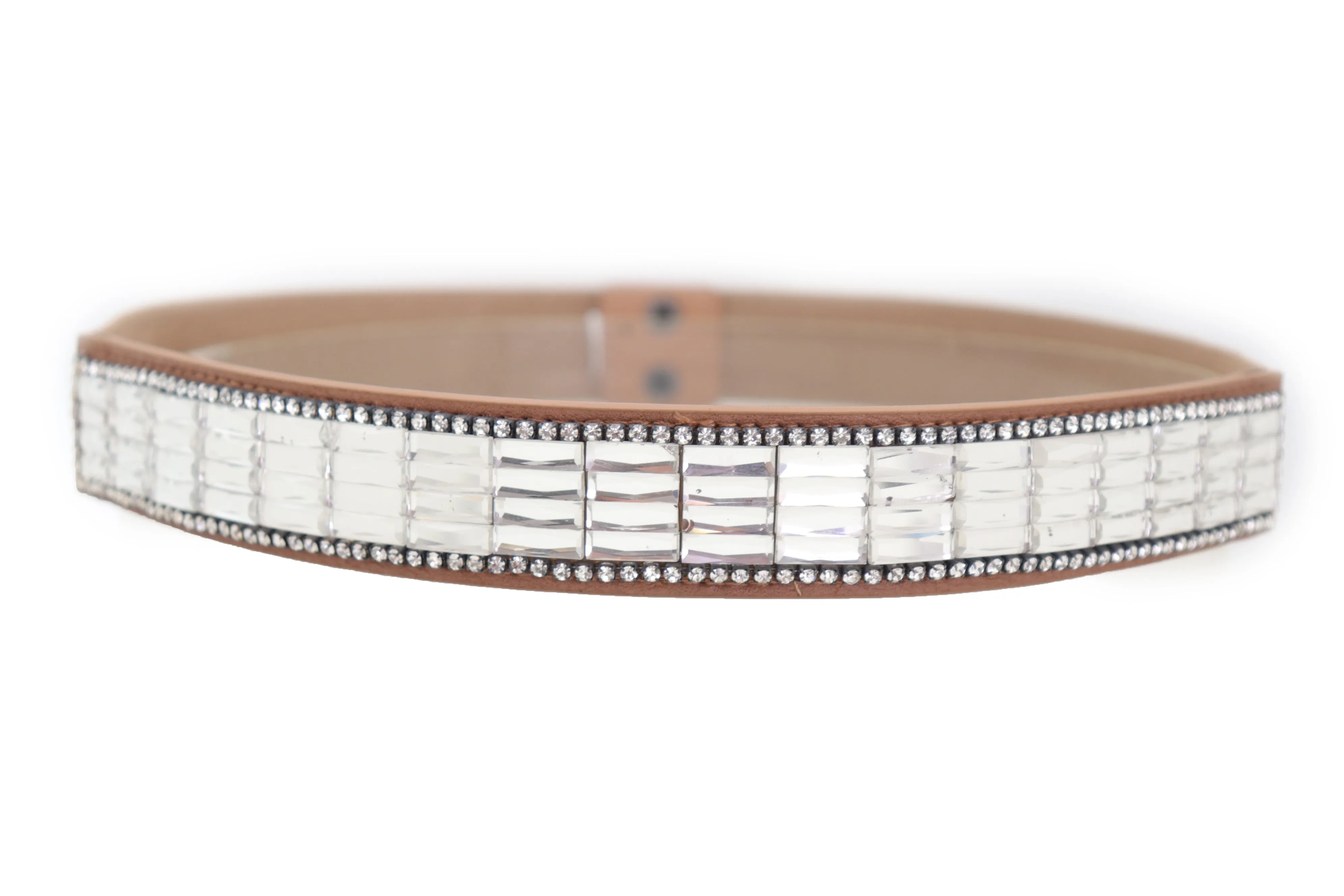 Skinny Brown Elastic Band Fashion Belt Shiny Silver Bling Beads Size S M