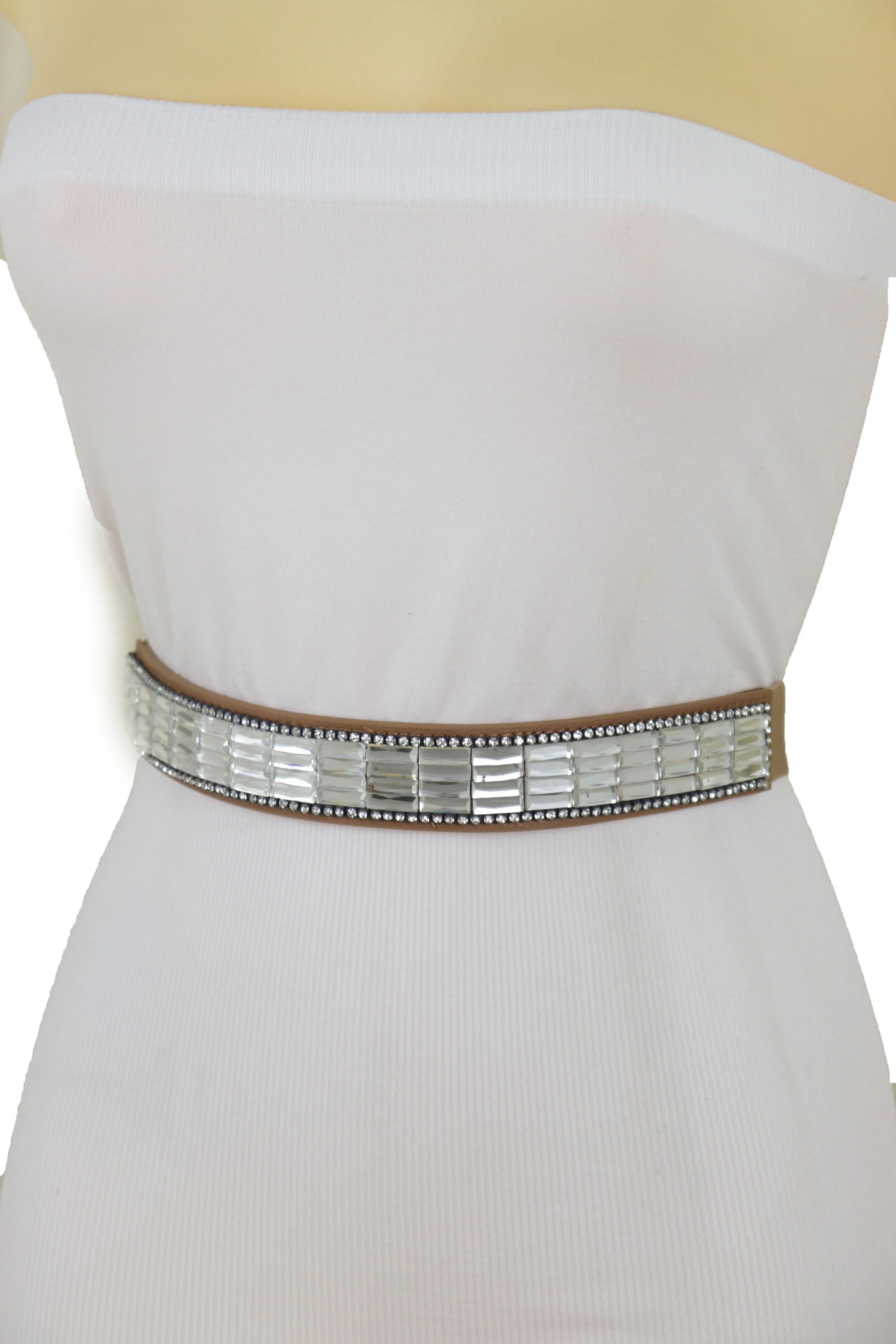 Skinny Brown Elastic Band Fashion Belt Shiny Silver Bling Beads Size S M
