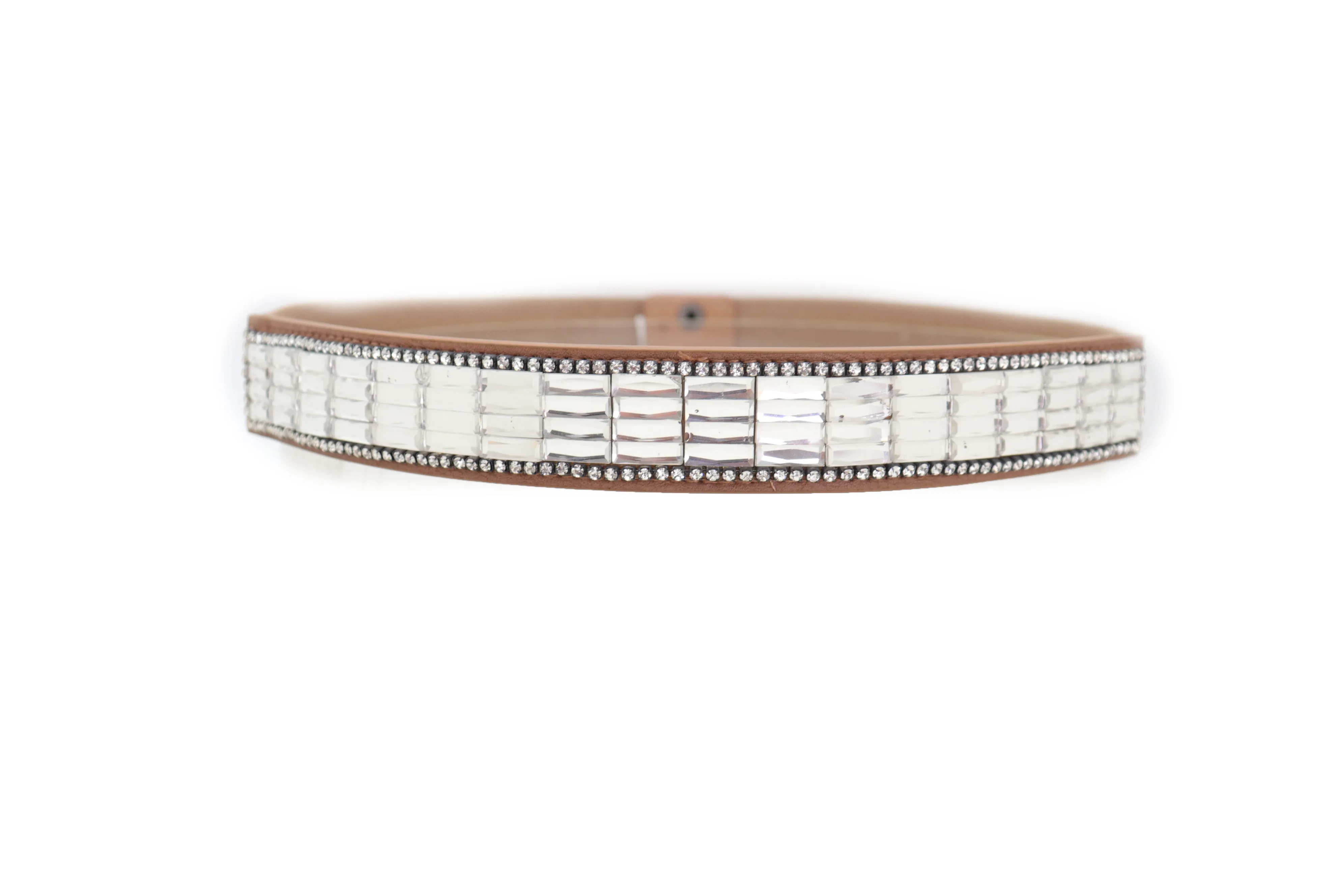 Skinny Brown Elastic Band Fashion Belt Shiny Silver Bling Beads Size S M