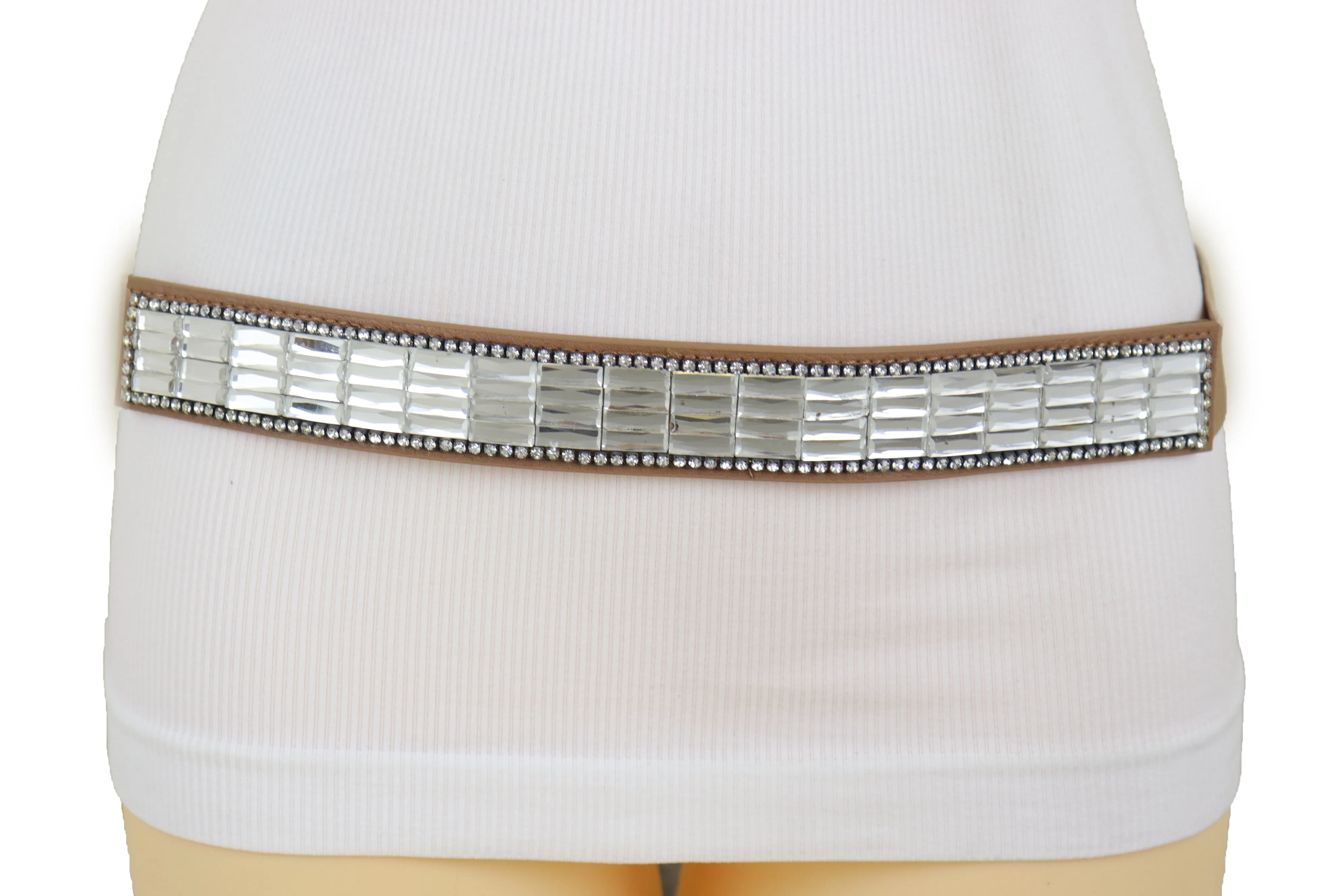 Skinny Brown Elastic Band Fashion Belt Shiny Silver Bling Beads Size S M