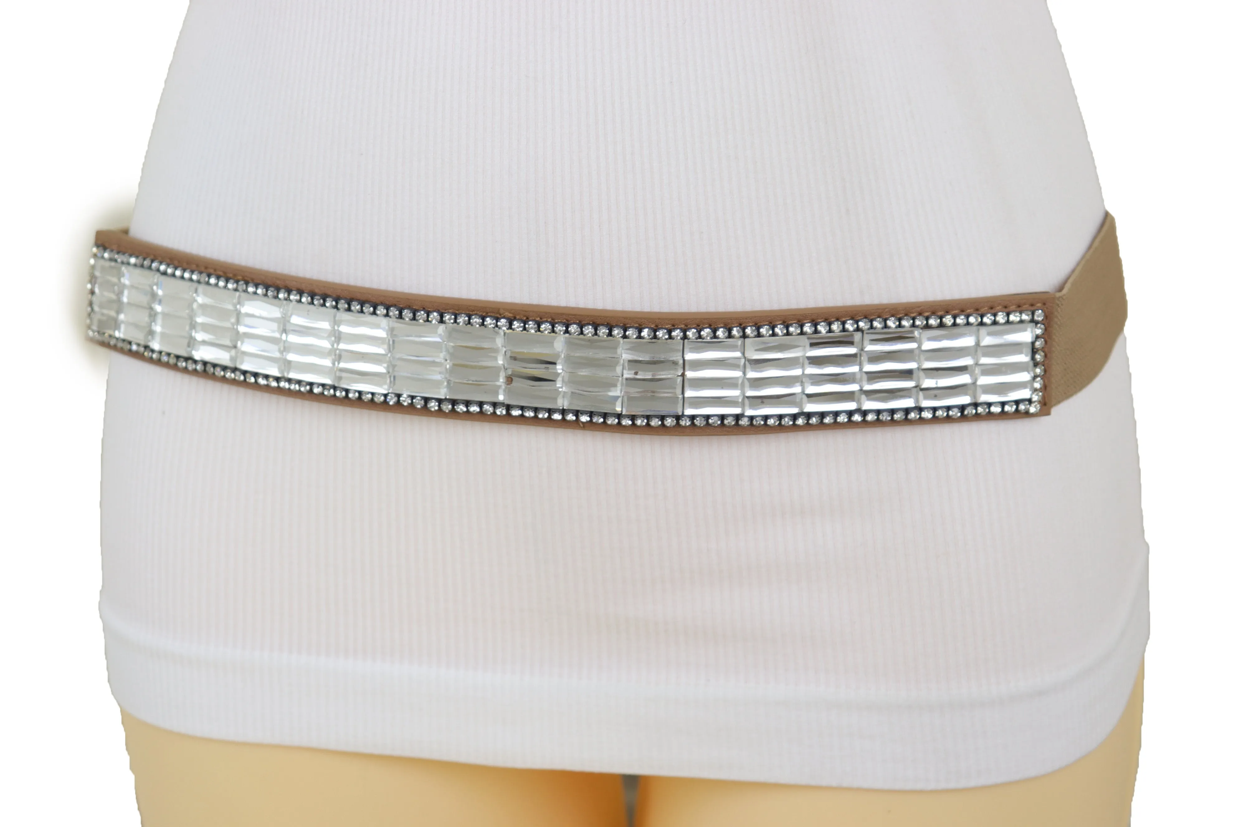 Skinny Brown Elastic Band Fashion Belt Shiny Silver Bling Beads Size S M