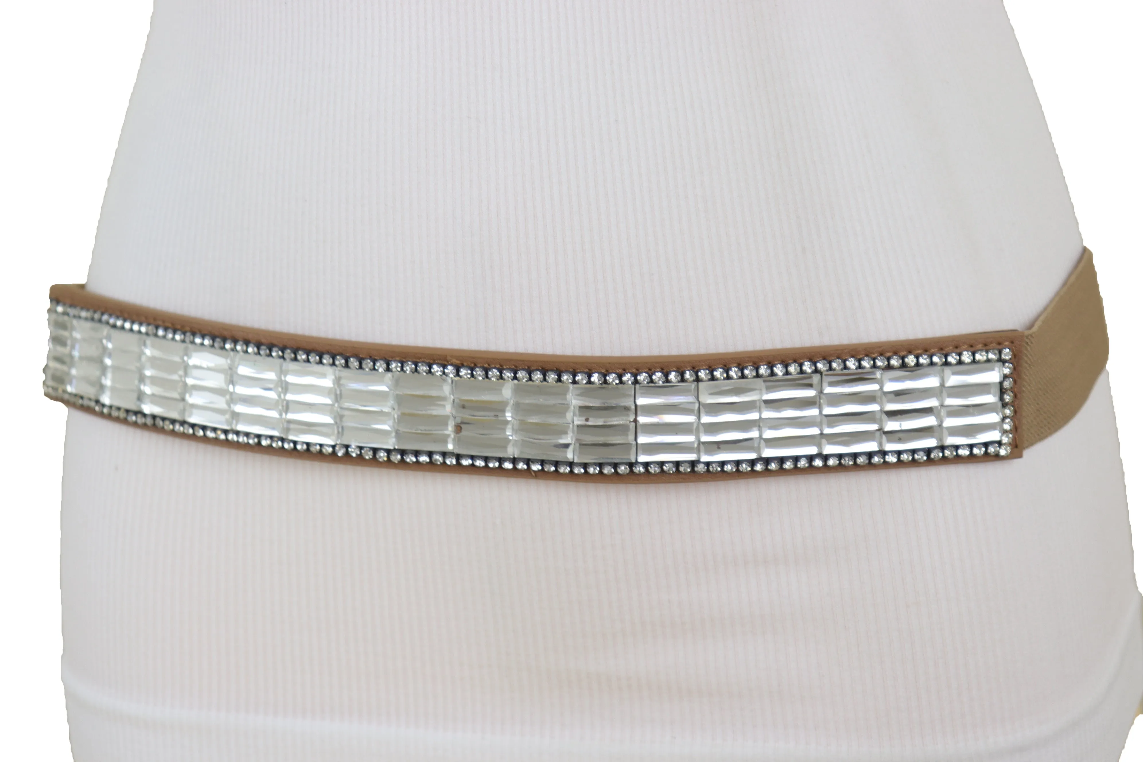 Skinny Brown Elastic Band Fashion Belt Shiny Silver Bling Beads Size S M