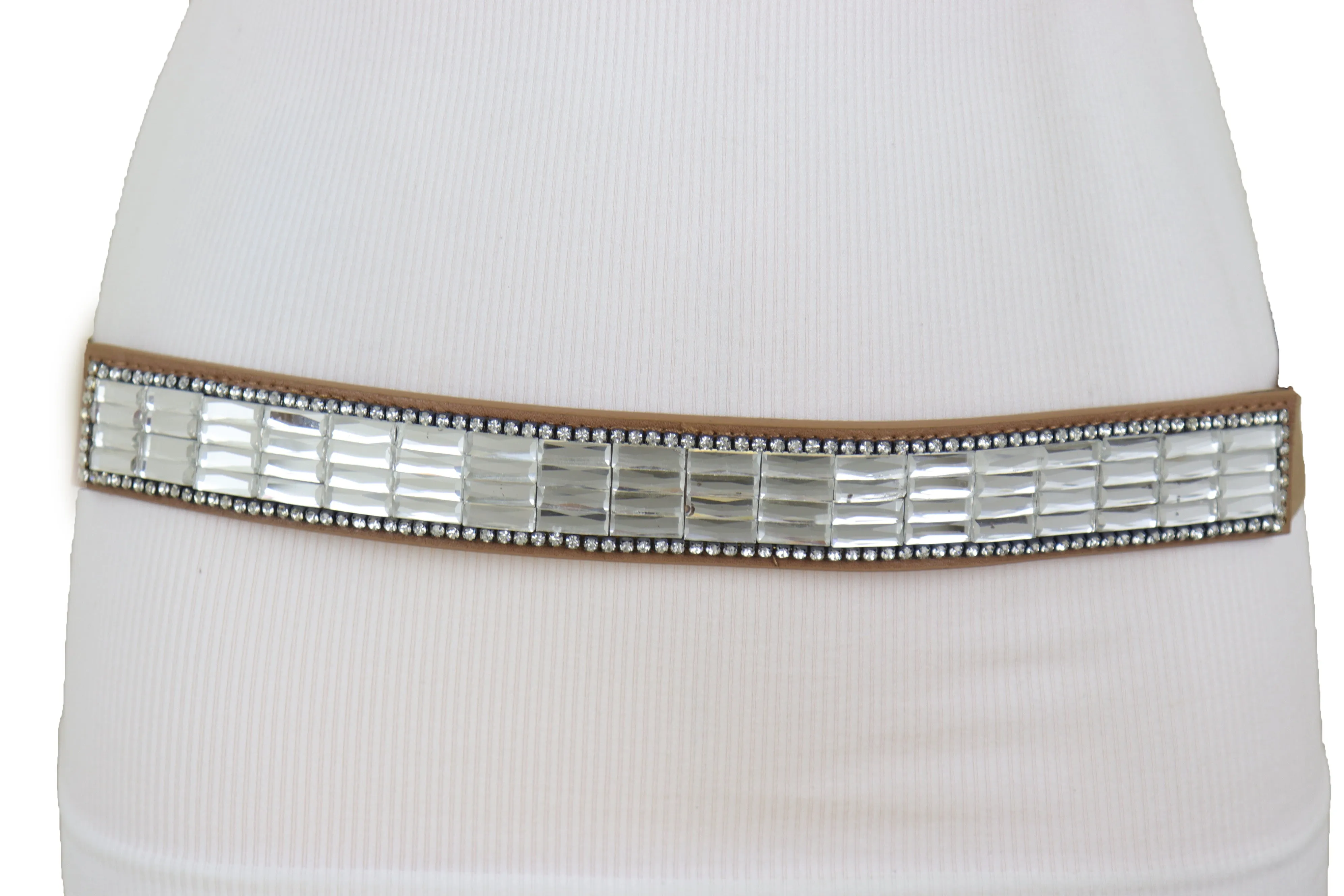 Skinny Brown Elastic Band Fashion Belt Shiny Silver Bling Beads Size S M