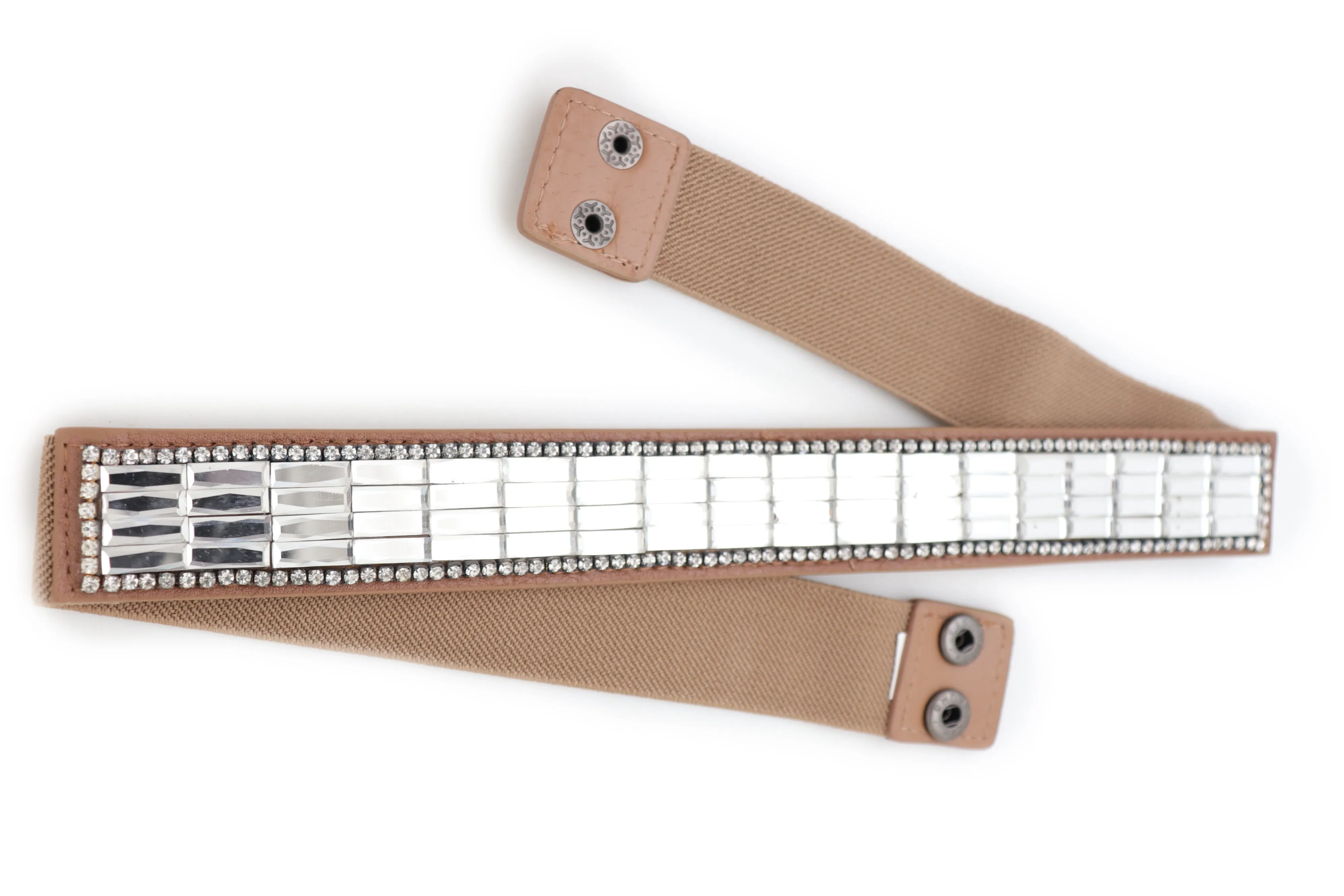 Skinny Brown Elastic Band Fashion Belt Shiny Silver Bling Beads Size S M