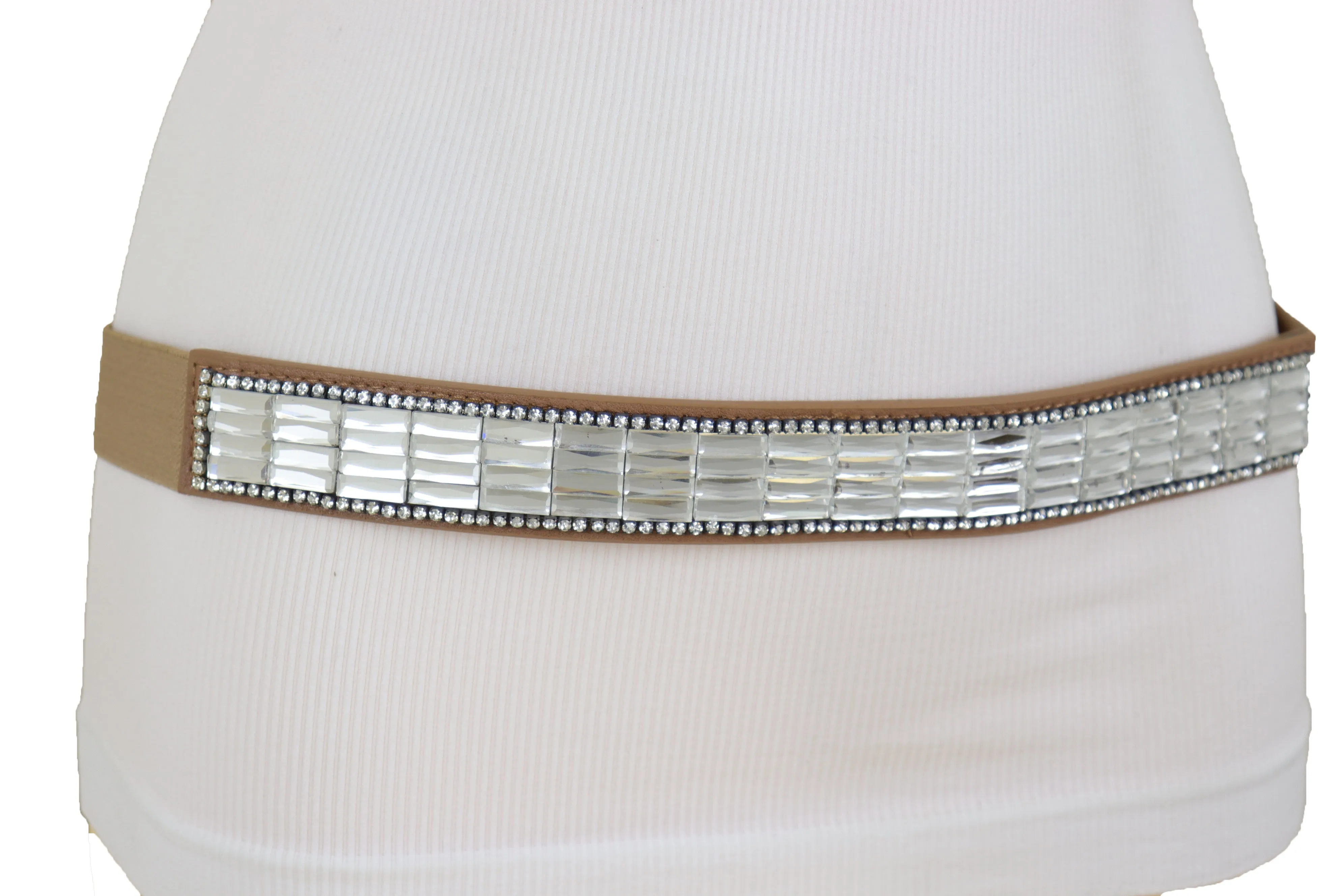 Skinny Brown Elastic Band Fashion Belt Shiny Silver Bling Beads Size S M