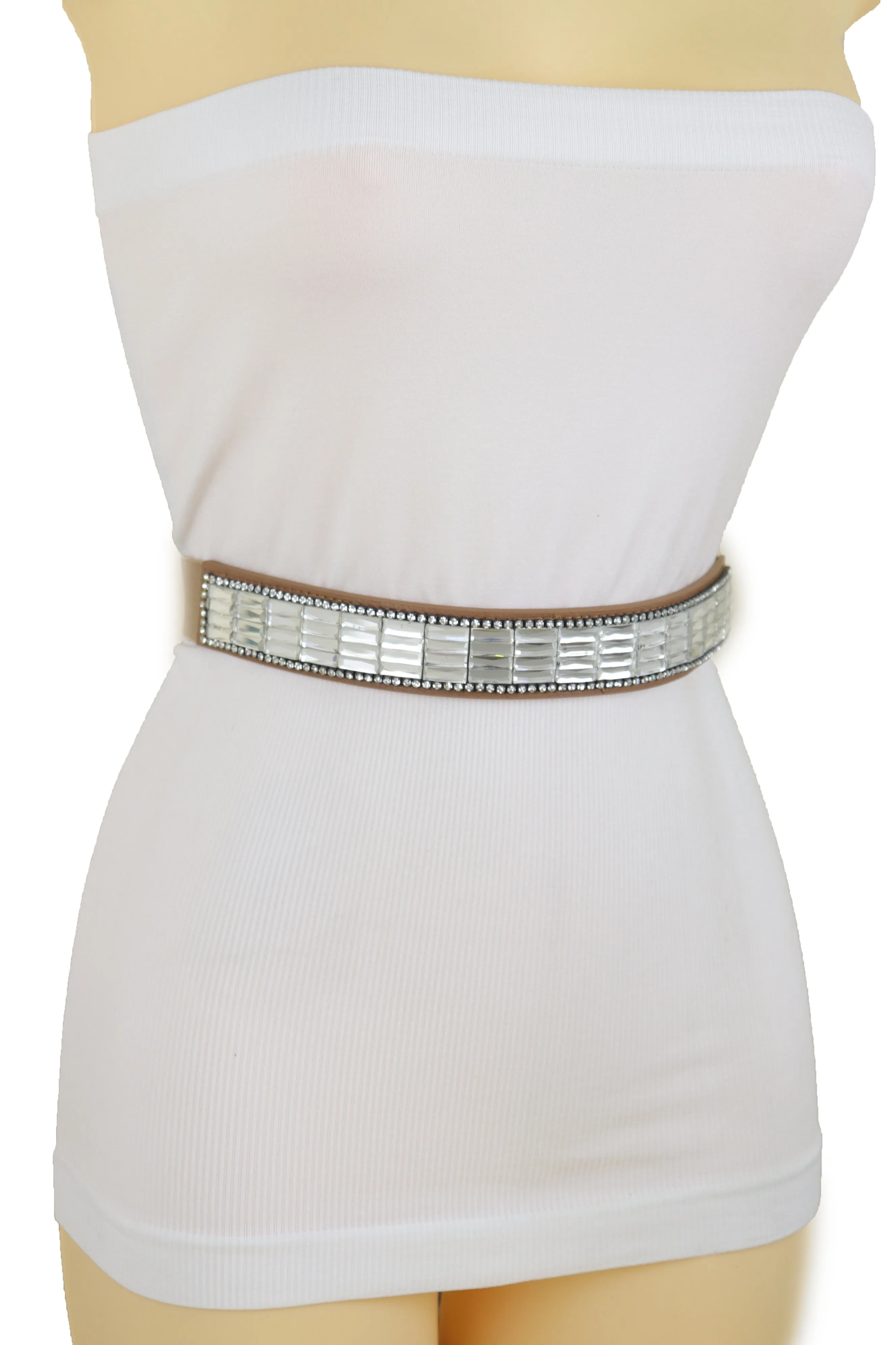 Skinny Brown Elastic Band Fashion Belt Shiny Silver Bling Beads Size S M