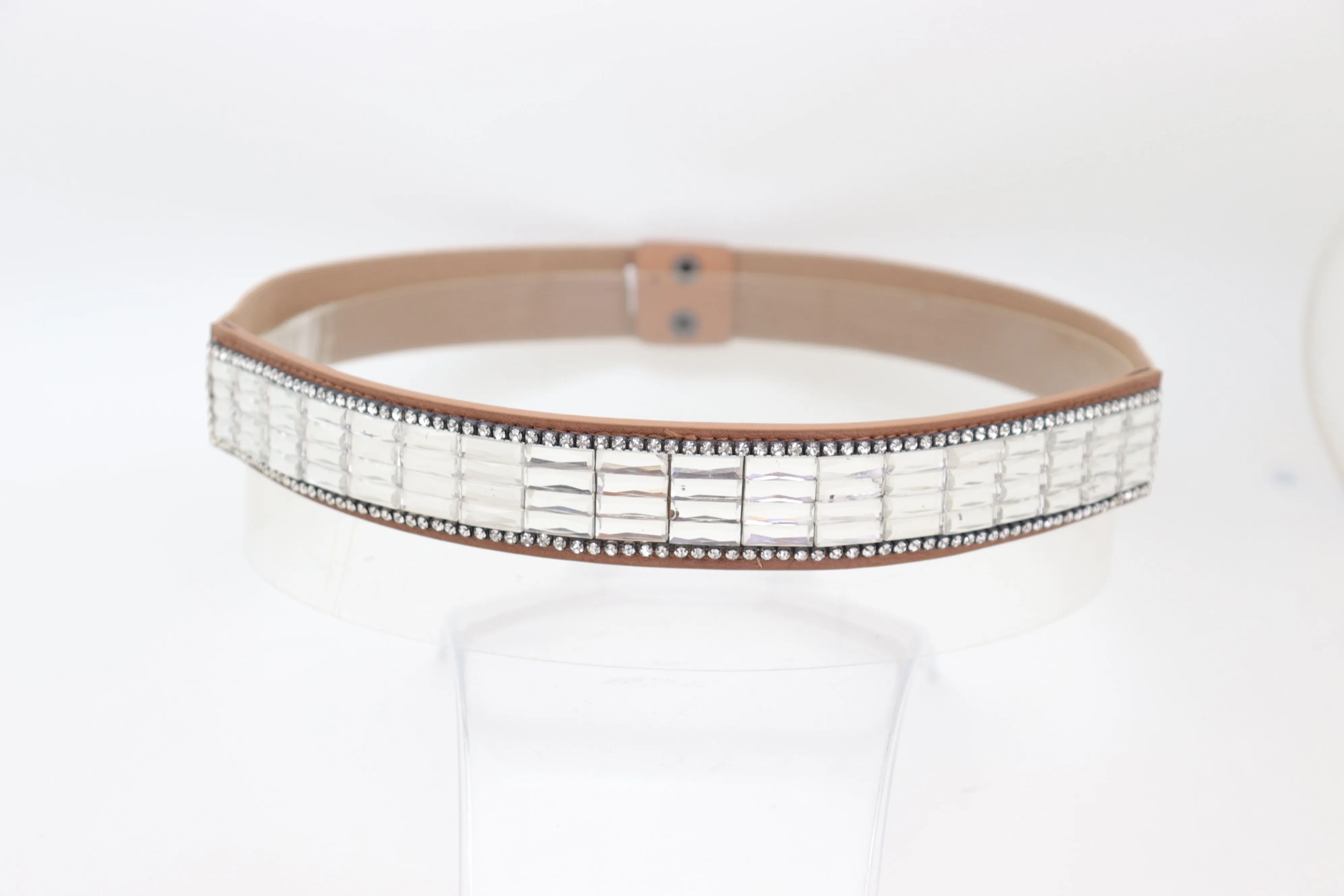 Skinny Brown Elastic Band Fashion Belt Shiny Silver Bling Beads Size S M