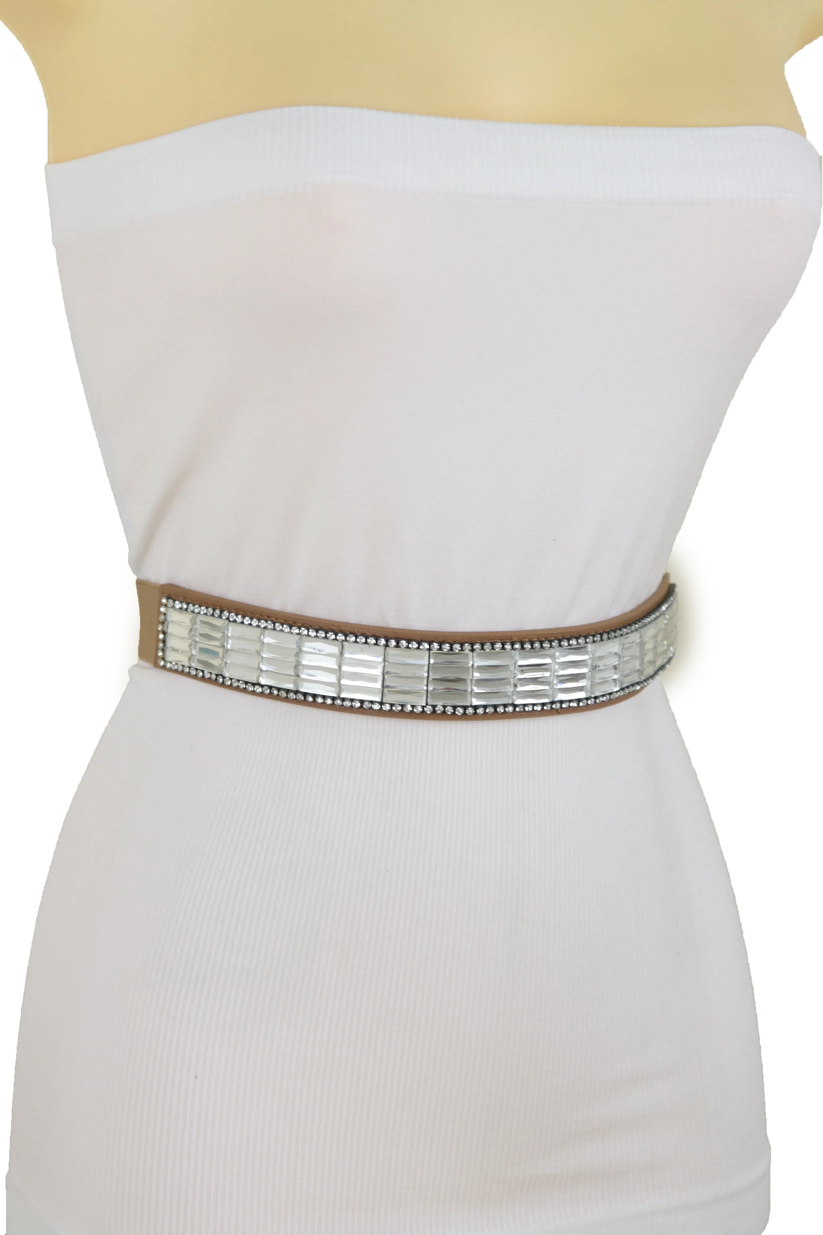 Skinny Brown Elastic Band Fashion Belt Shiny Silver Bling Beads Size S M