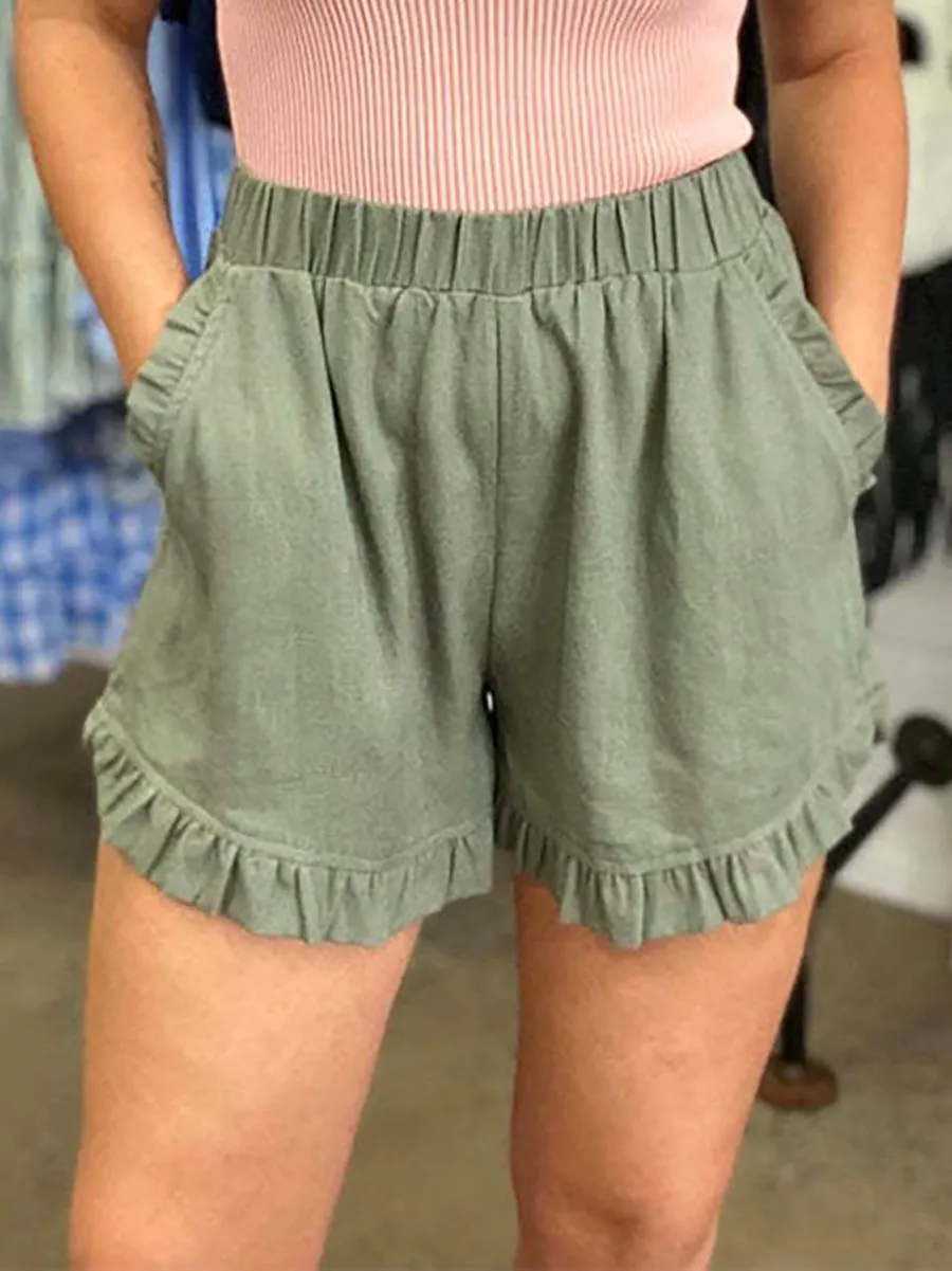 Stunncal Elastic Waist Wide Leg Ruffle Cotton Linen Shorts