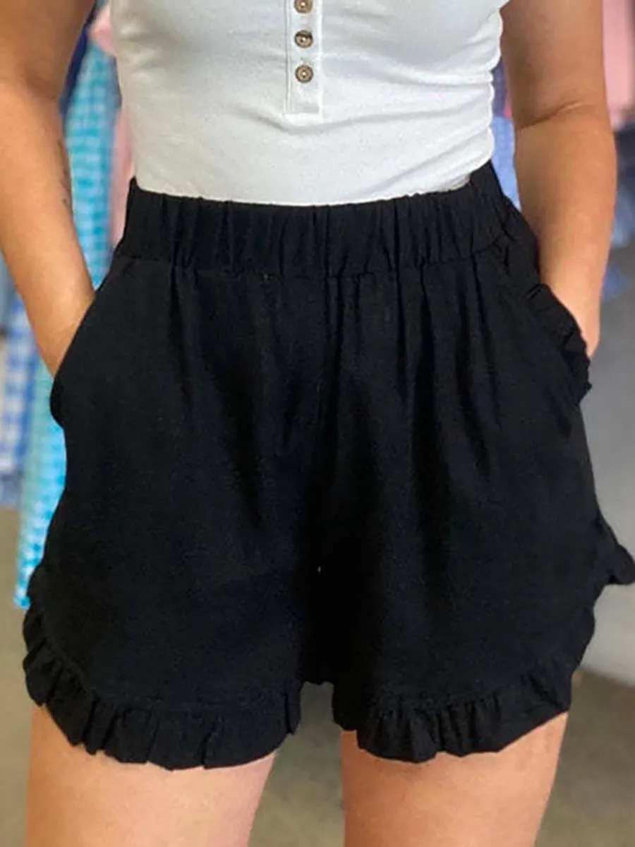 Stunncal Elastic Waist Wide Leg Ruffle Cotton Linen Shorts