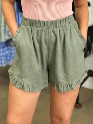 Stunncal Elastic Waist Wide Leg Ruffle Cotton Linen Shorts