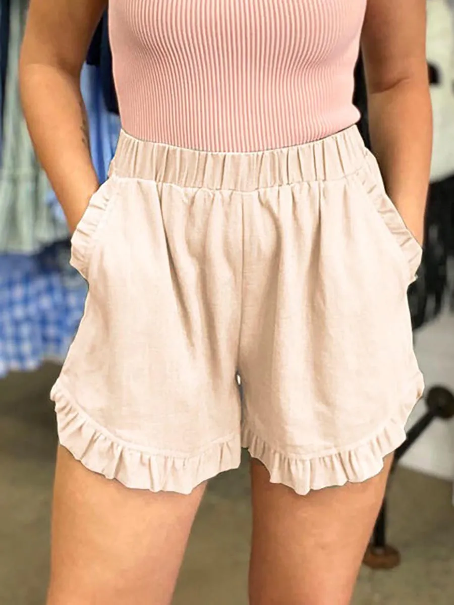 Stunncal Elastic Waist Wide Leg Ruffle Cotton Linen Shorts